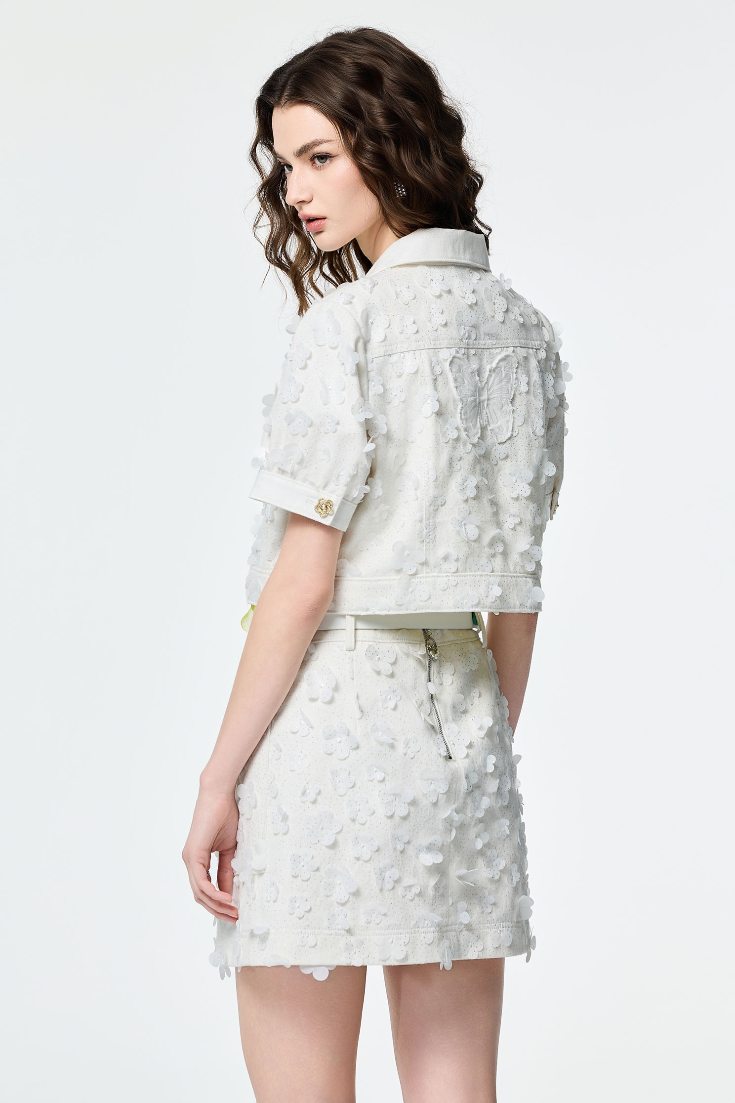 Denim Outerwear With Sequin Floral DetailDenim Outerwear With Sequin Floral Detail,Jackets,Office Looks,Embroidered,Outerwear,Season (SS) Look,co-ord sets,Denim,Denim Jackets,City Feminine,Valentine