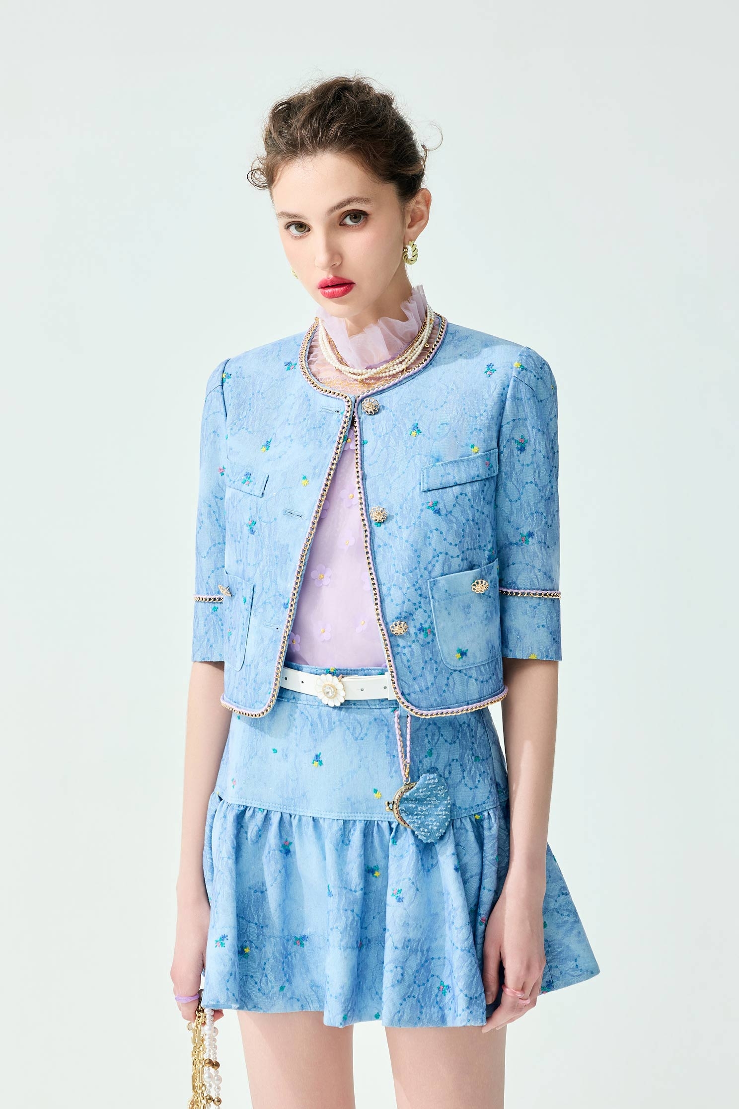 Floral Embroidery Sequin Detail Crop Jacket,Jackets,Embroidered,Outerwear,Season (SS) Look,Floral,Mesh fabric,Lace