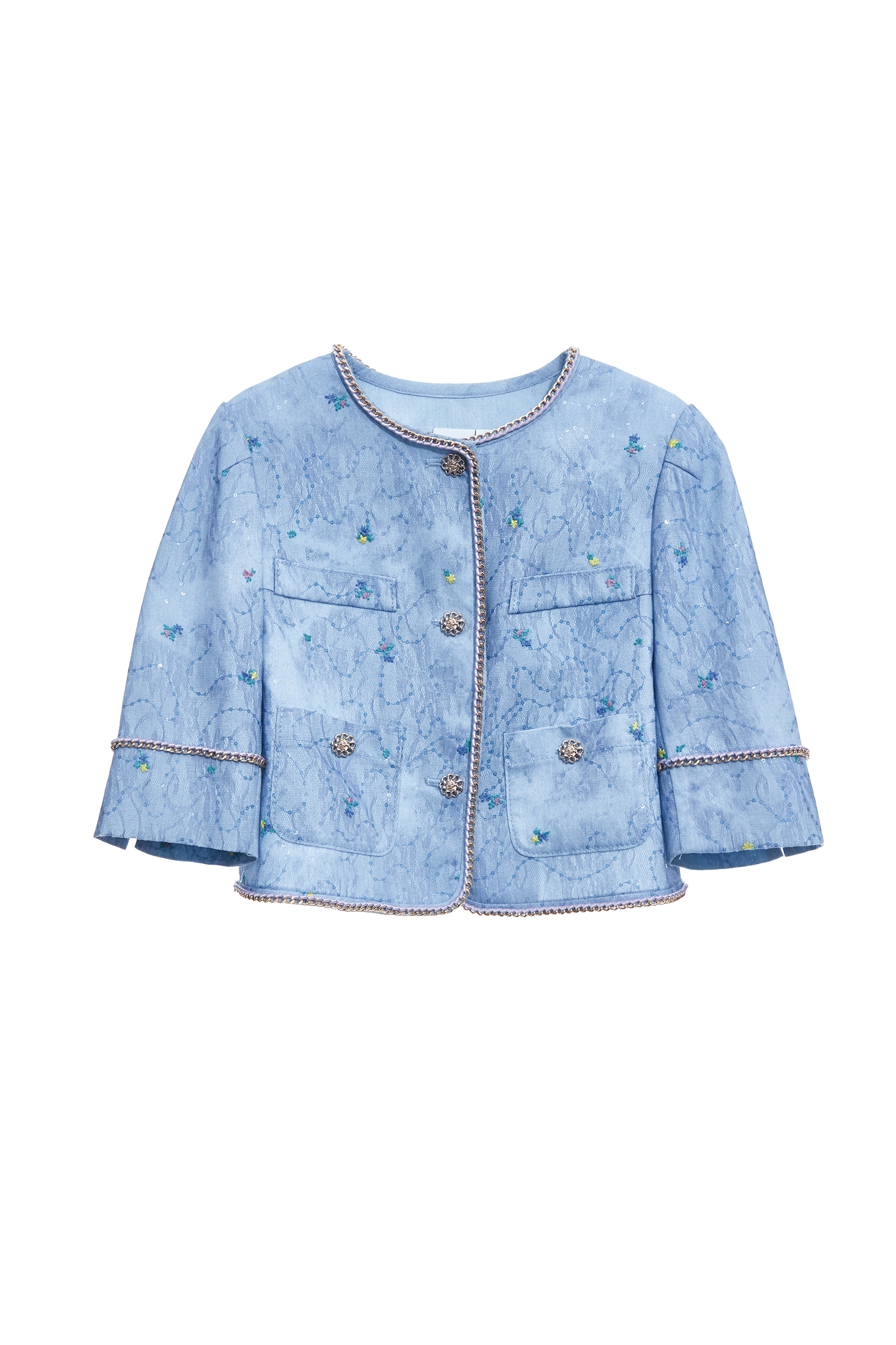 Floral Embroidery Sequin Detail Crop Jacket,Jackets,Embroidered,Outerwear,Season (SS) Look,Floral,Mesh fabric,Lace