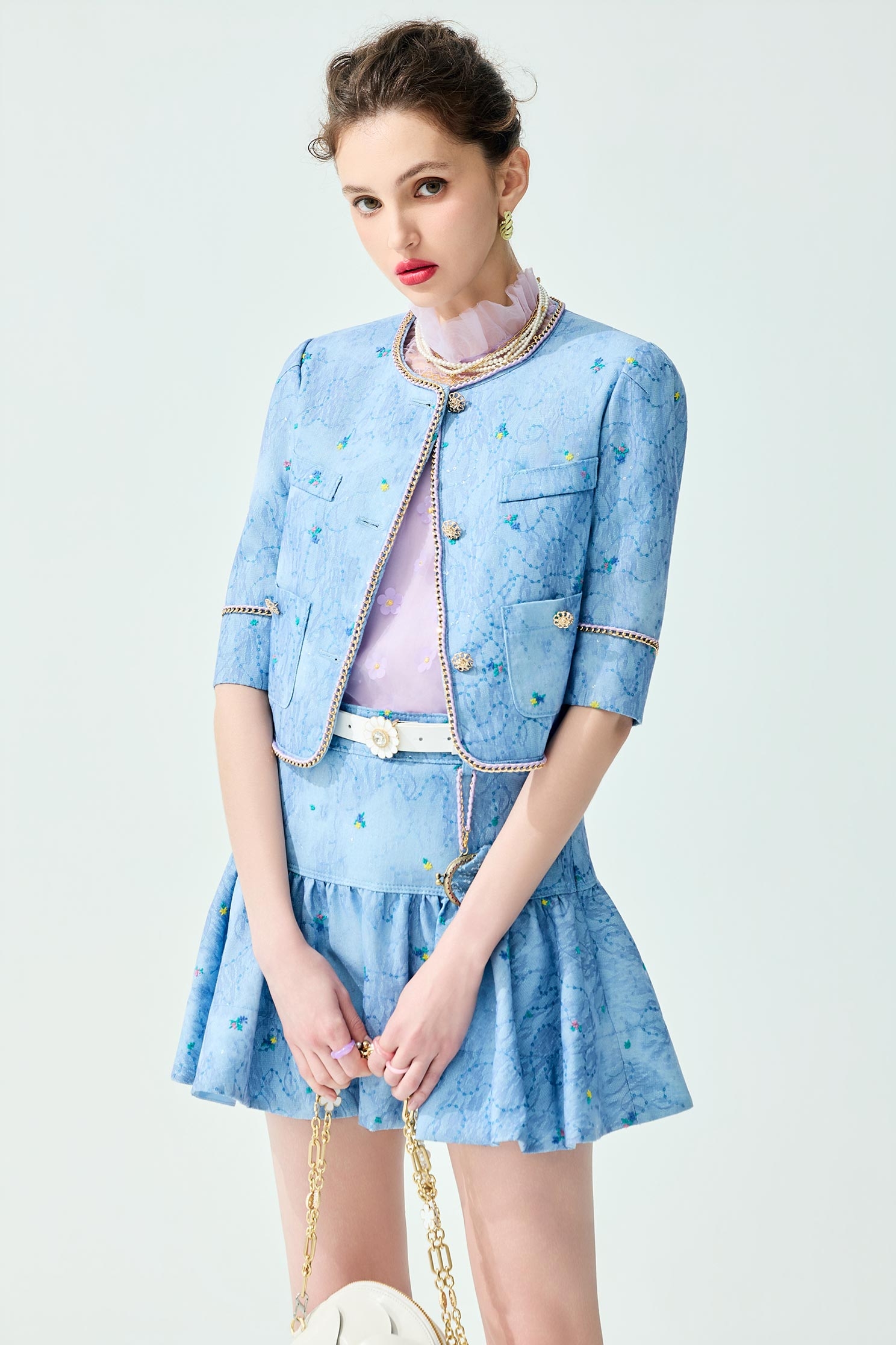 Floral Embroidery Sequin Detail Crop Jacket,Jackets,Embroidered,Outerwear,Season (SS) Look,Floral,Mesh fabric,Lace