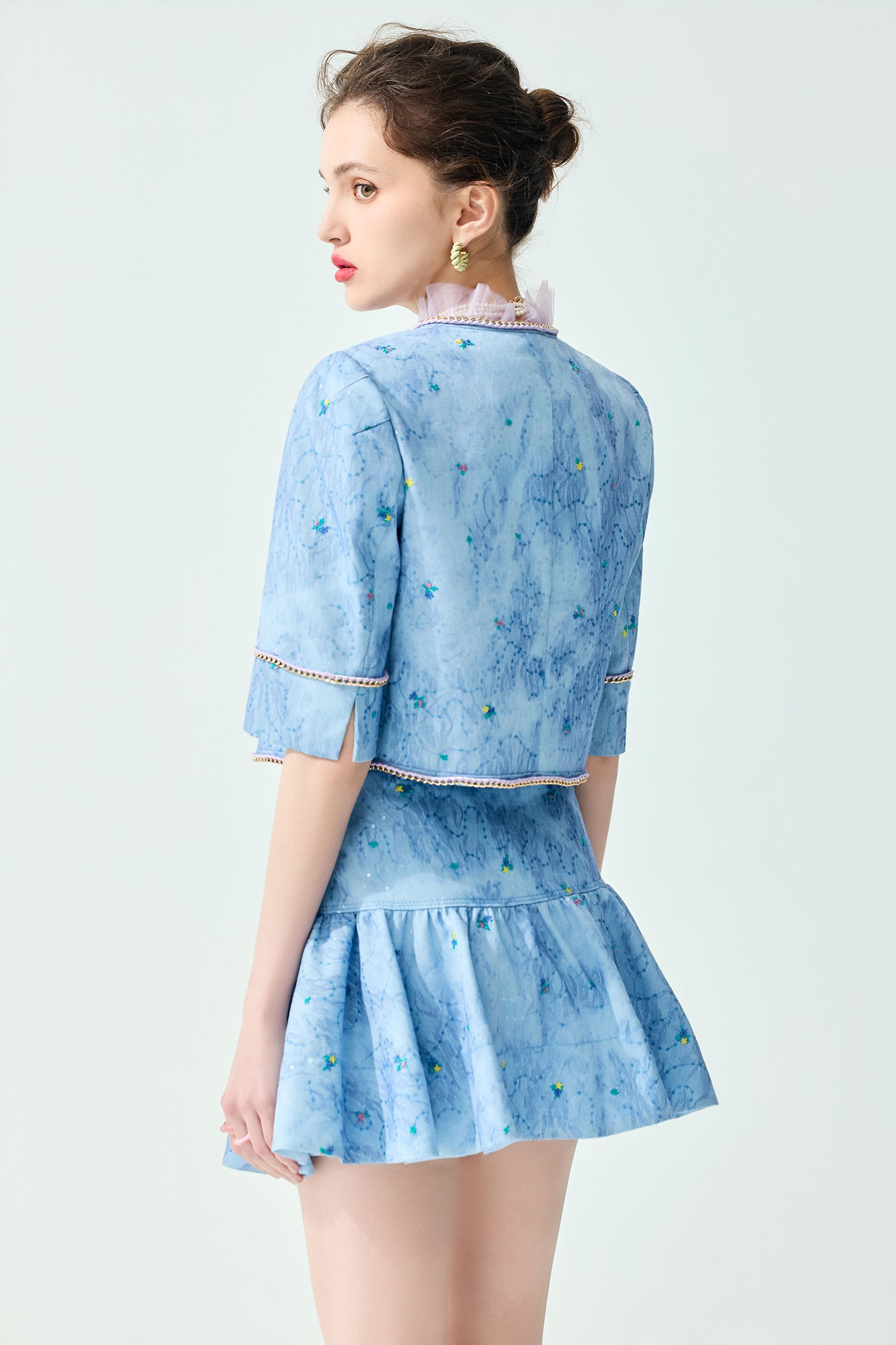 Floral Embroidery Sequin Detail Crop Jacket,Jackets,Embroidered,Outerwear,Season (SS) Look,Floral,Mesh fabric,Lace