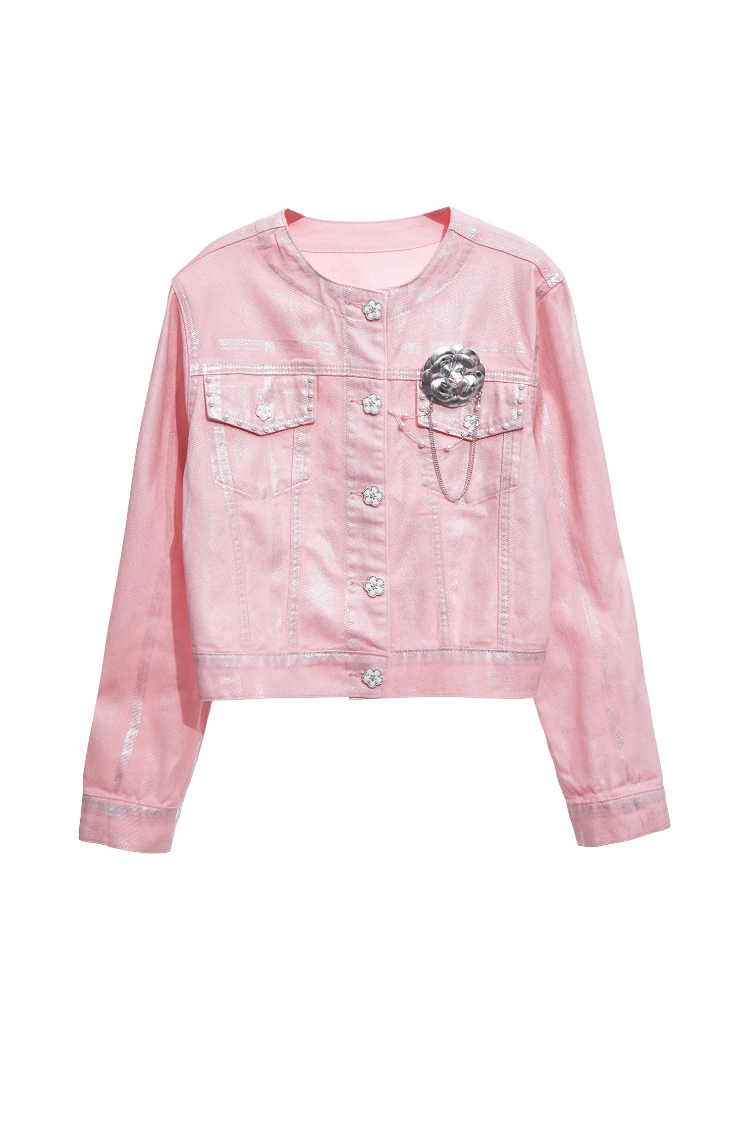 Metallic Sheen Pink Denim JacketMetallic Sheen Pink Denim Jacket,Outerwear,co-ord sets,Denim,Denim Jackets,pearl,Season (AW) Look,Valentine,Cotton,blossoms