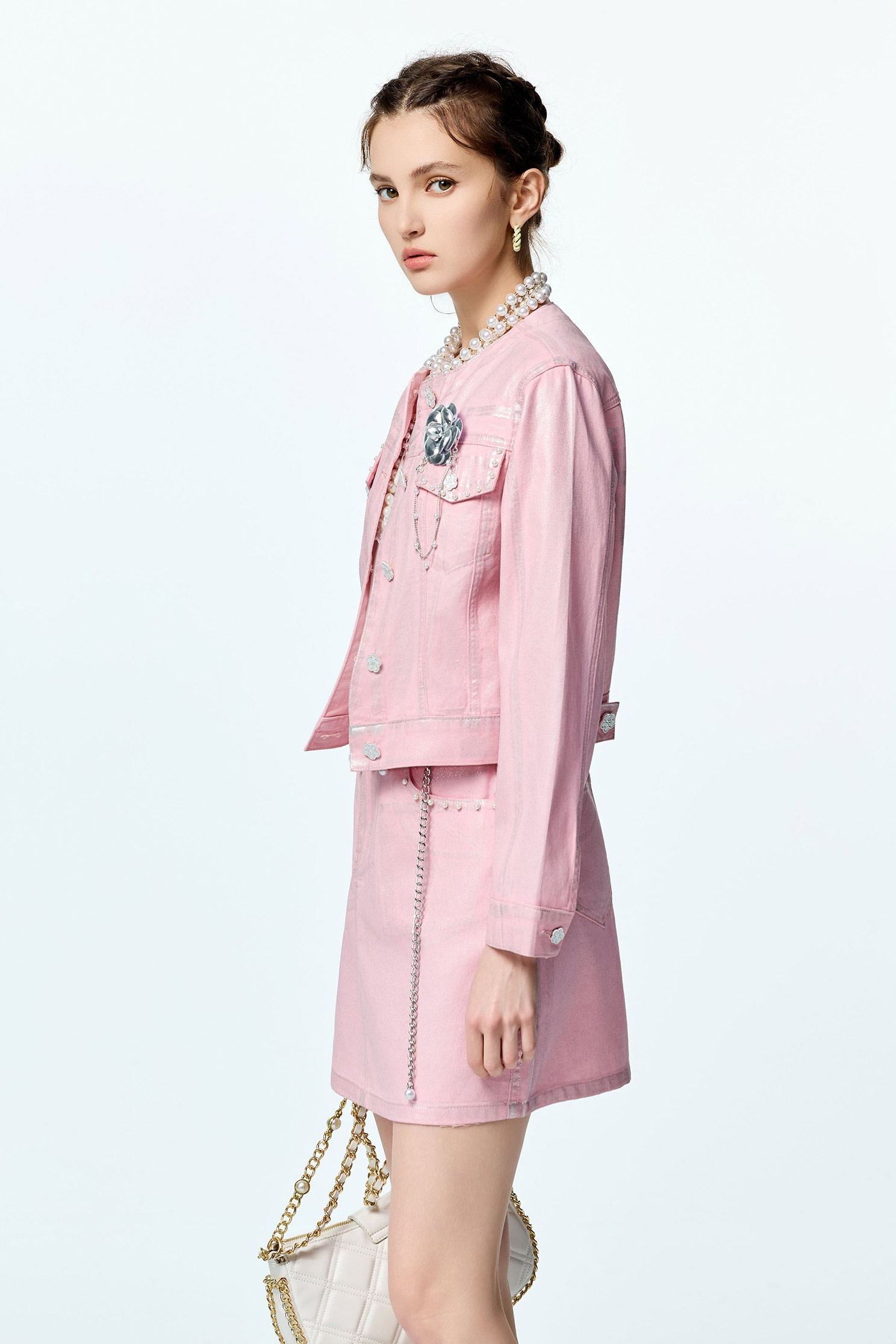 Metallic Sheen Pink Denim JacketMetallic Sheen Pink Denim Jacket,Outerwear,co-ord sets,Denim,Denim Jackets,pearl,Season (AW) Look,Valentine,Cotton,blossoms