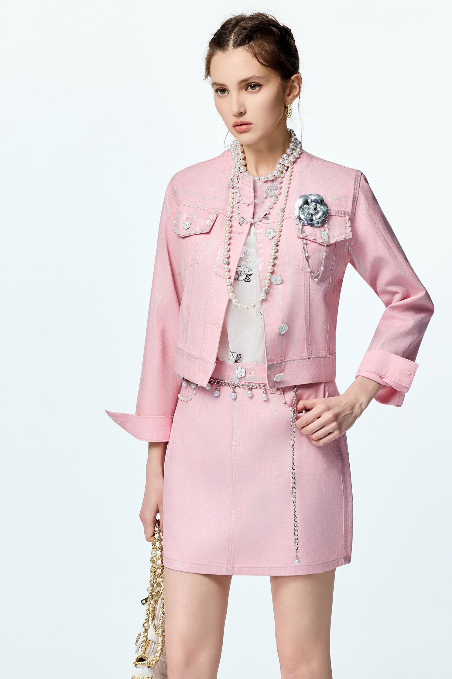 Metallic Sheen Pink Denim JacketMetallic Sheen Pink Denim Jacket,Outerwear,co-ord sets,Denim,Denim Jackets,pearl,Season (AW) Look,Valentine,Cotton,blossoms