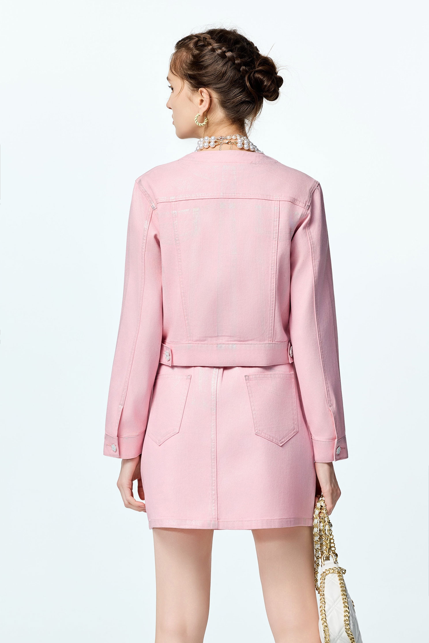 Metallic Sheen Pink Denim JacketMetallic Sheen Pink Denim Jacket,Outerwear,co-ord sets,Denim,Denim Jackets,pearl,Season (AW) Look,Valentine,Cotton,blossoms