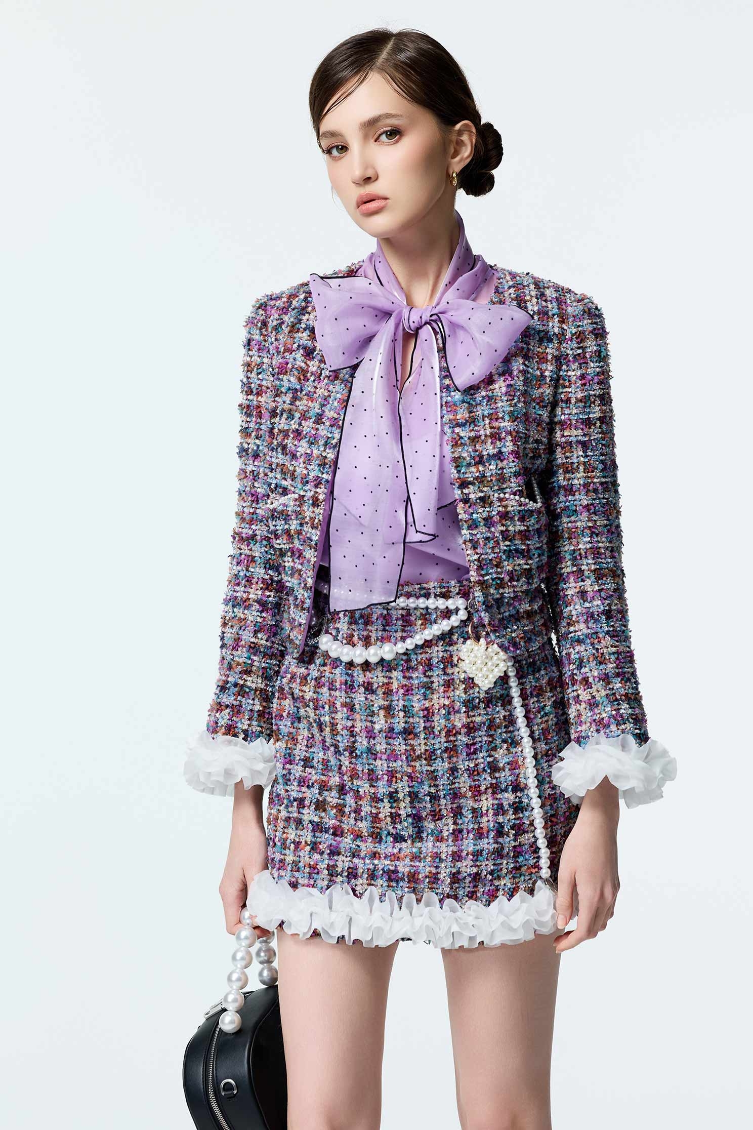 Organza Ruffle Detail Purple Tweed JacketOrganza Ruffle Detail Purple Tweed Jacket,Jackets,Outerwear,co-ord sets,Season (AW) Look,Long sleeve outerwear