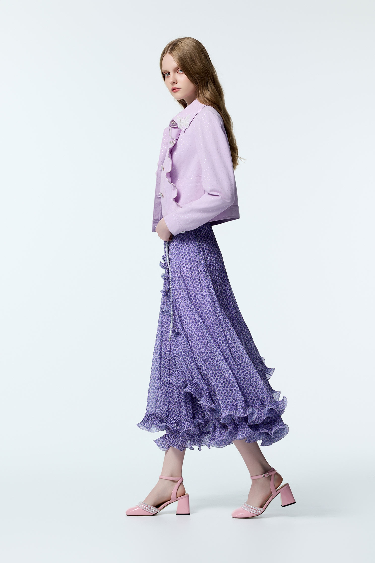 Silver Star Print Denim Jacket With Ruffle DetailSilver Star Print Denim Jacket With Ruffle Detail,Jackets,Office Looks,Outerwear,co-ord sets,Denim,Denim Jackets,Season (AW) Look,Valentine