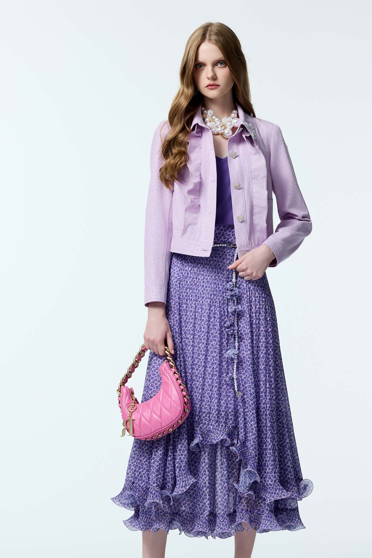 Silver Star Print Denim Jacket With Ruffle DetailSilver Star Print Denim Jacket With Ruffle Detail,Jackets,Office Looks,Outerwear,co-ord sets,Denim,Denim Jackets,Season (AW) Look,Valentine