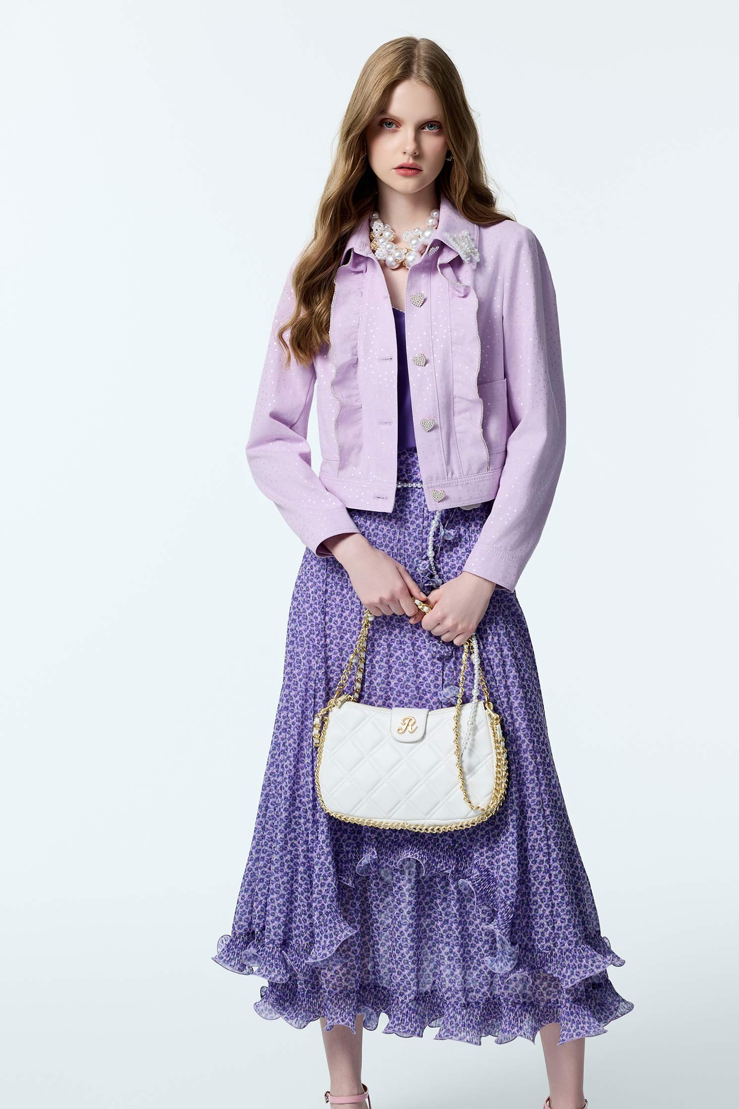 Silver Star Print Denim Jacket With Ruffle DetailSilver Star Print Denim Jacket With Ruffle Detail,Jackets,Office Looks,Outerwear,co-ord sets,Denim,Denim Jackets,Season (AW) Look,Valentine