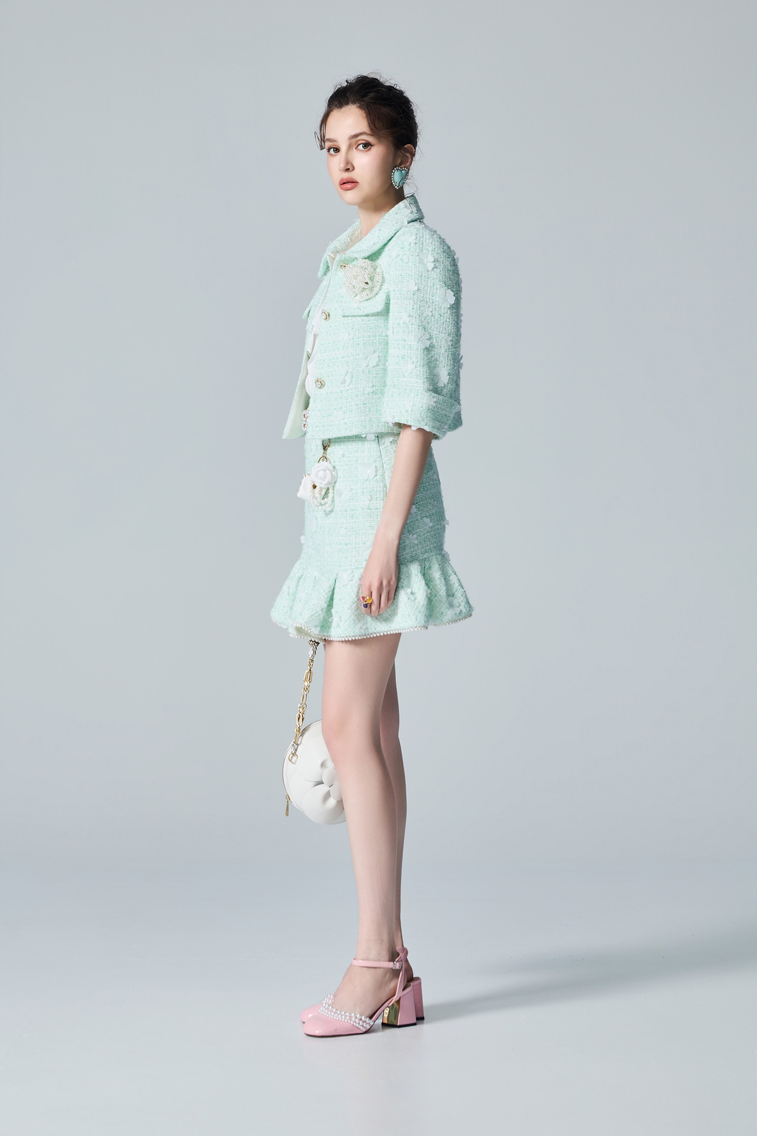 Floral Detail Light Green Tweed JacketFloral Detail Light Green Tweed Jacket,Jackets,Outerwear,pearl,Season (AW) Look