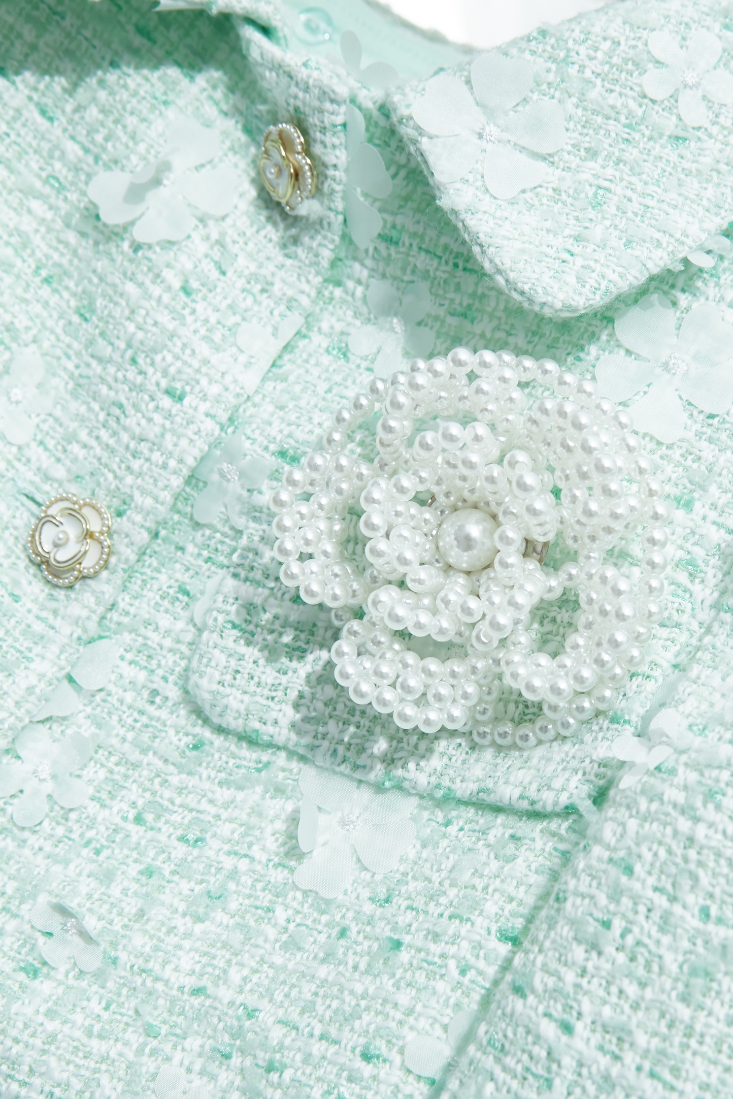 Floral Detail Light Green Tweed JacketFloral Detail Light Green Tweed Jacket,Jackets,Outerwear,pearl,Season (AW) Look