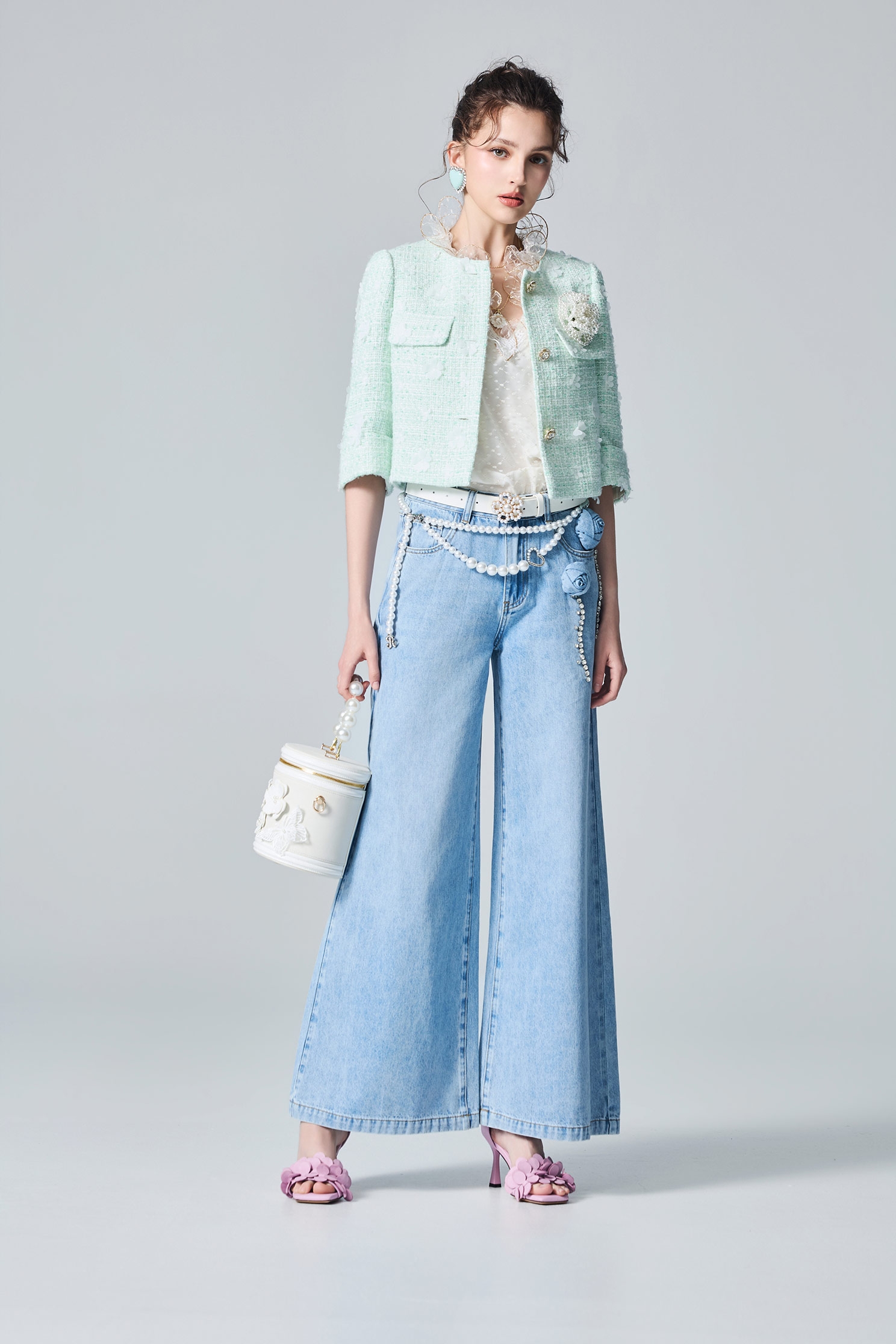 Floral Detail Light Green Tweed JacketFloral Detail Light Green Tweed Jacket,Jackets,Outerwear,pearl,Season (AW) Look