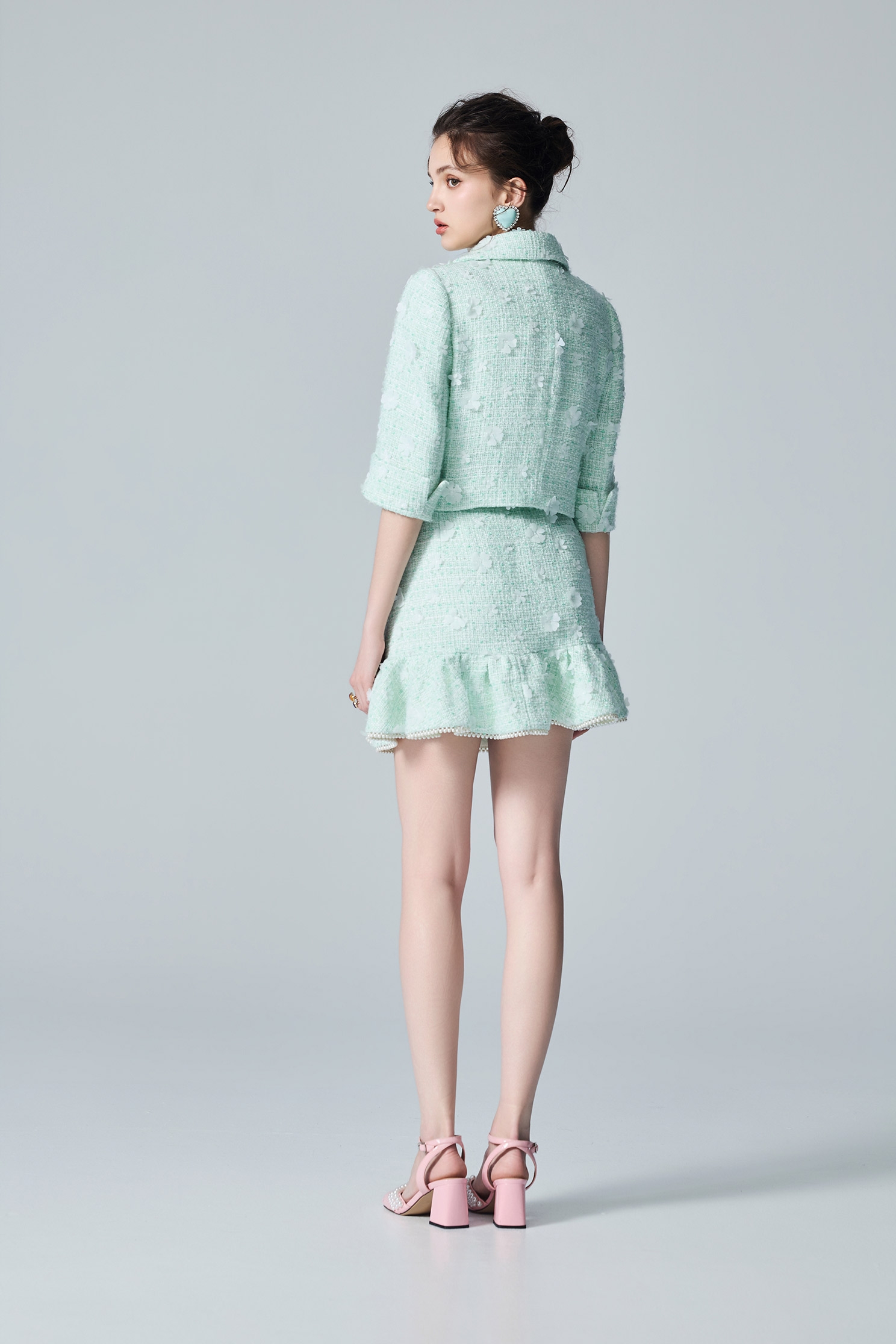 Floral Detail Light Green Tweed JacketFloral Detail Light Green Tweed Jacket,Jackets,Outerwear,pearl,Season (AW) Look