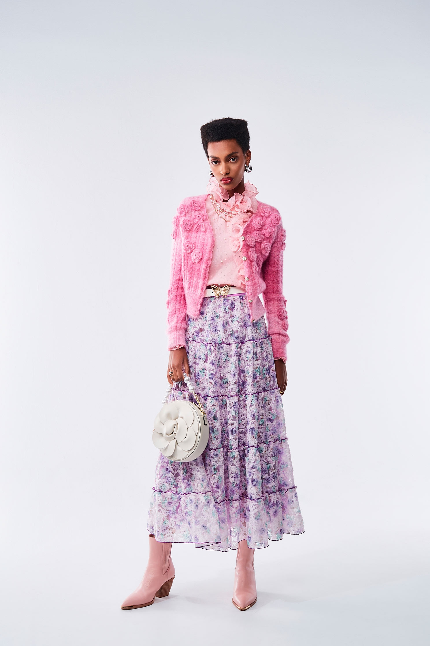 Rose Detail Pink Gradient Knit JacketRose Detail Pink Gradient Knit Jacket,pearl,Season (AW) Look,Knitted,Knitted coats