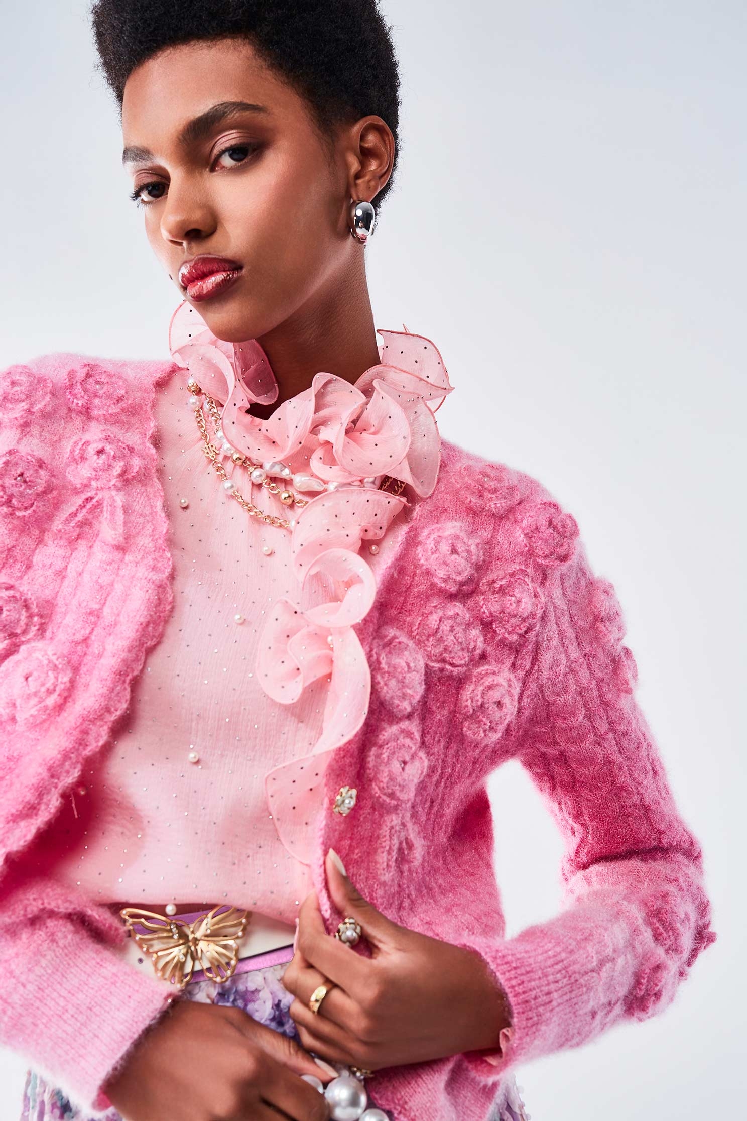 Rose Detail Pink Gradient Knit JacketRose Detail Pink Gradient Knit Jacket,pearl,Season (AW) Look,Knitted,Knitted coats