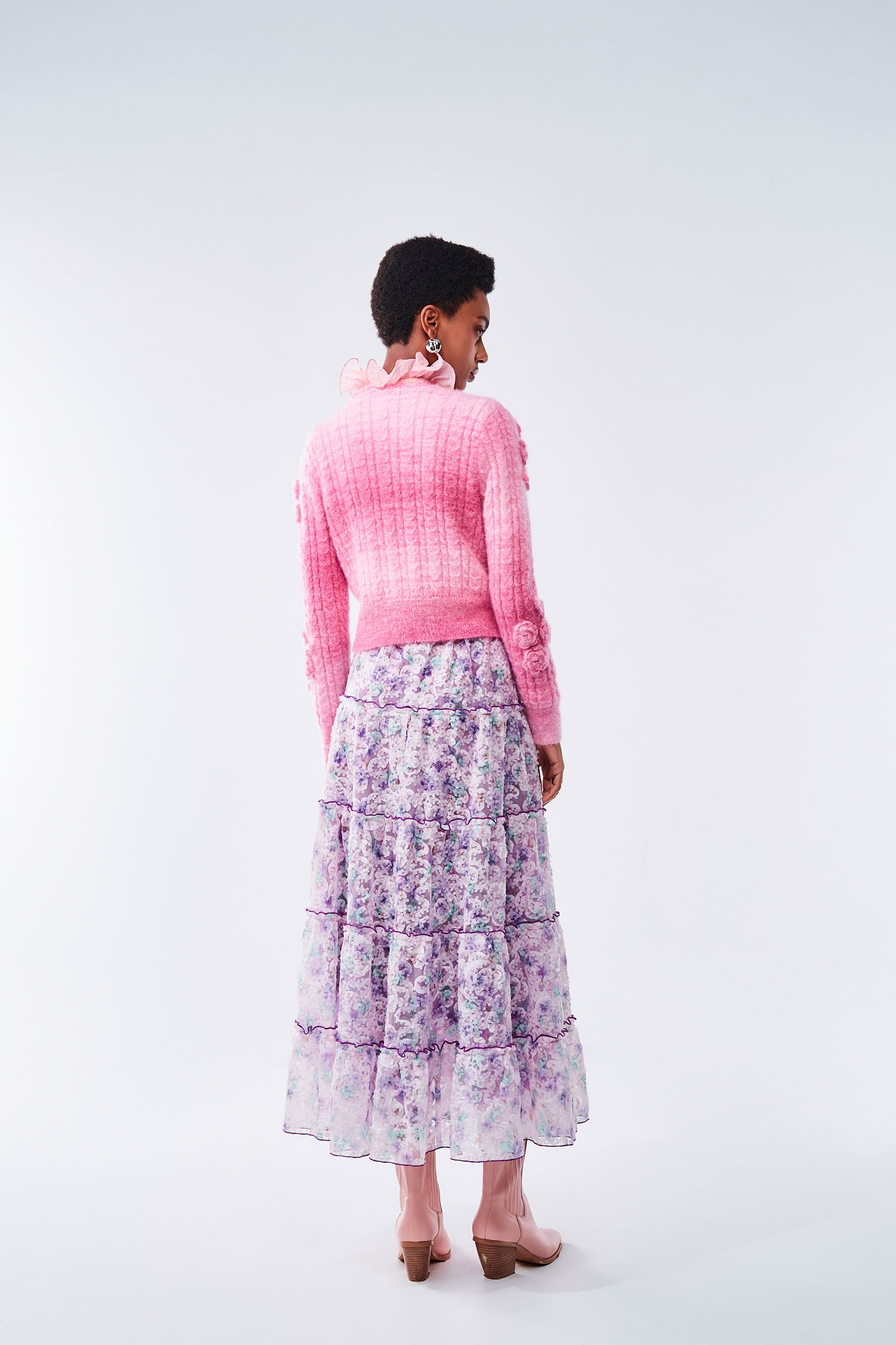 Rose Detail Pink Gradient Knit JacketRose Detail Pink Gradient Knit Jacket,pearl,Season (AW) Look,Knitted,Knitted coats