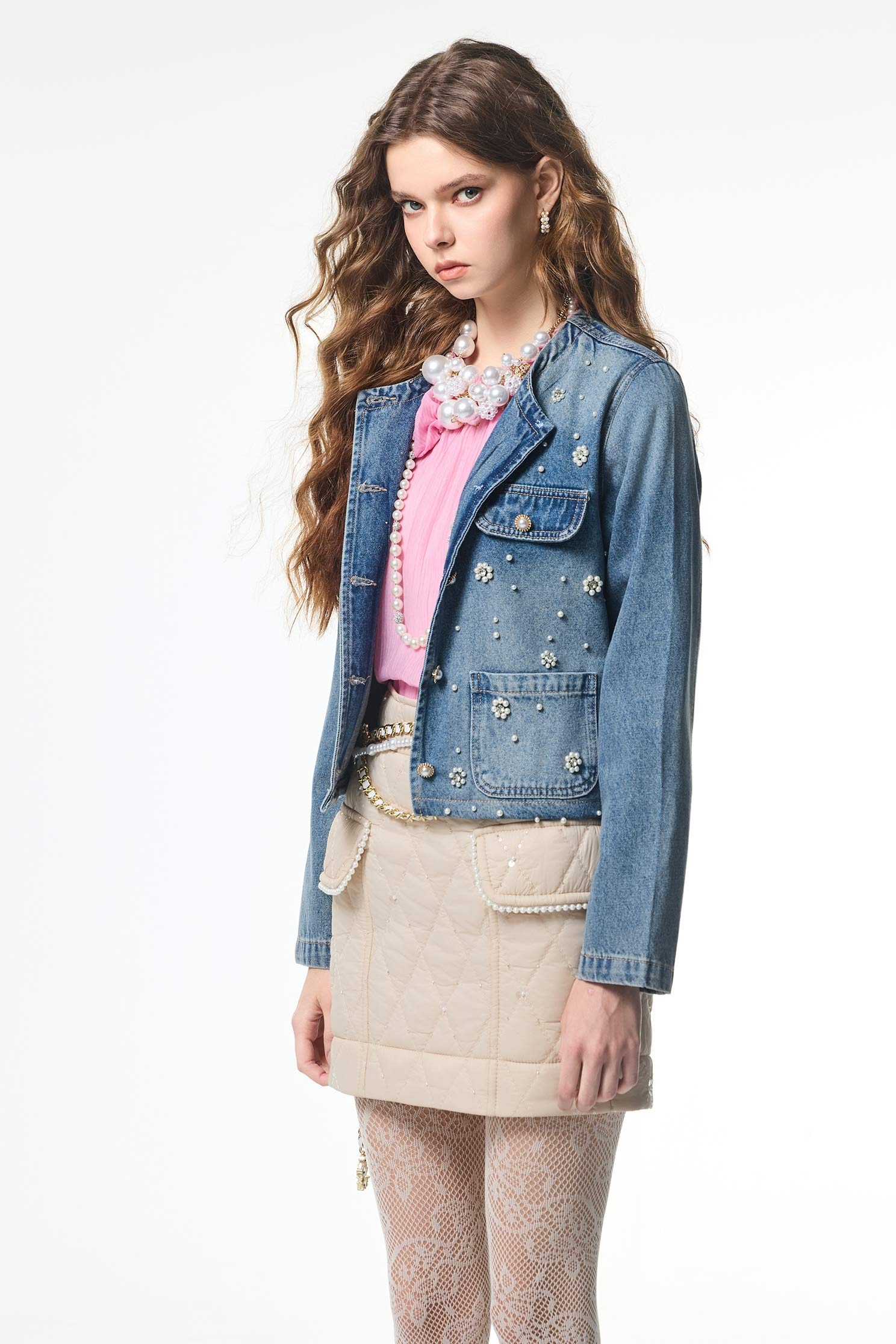 Pearl Floral Detail Denim JacketPearl Floral Detail Denim Jacket,Office Looks,Denim,bestselling,Outerwear,co-ord sets,Denim,Denim Jackets,pearl,Season (AW) Look,Valentine,blossoms