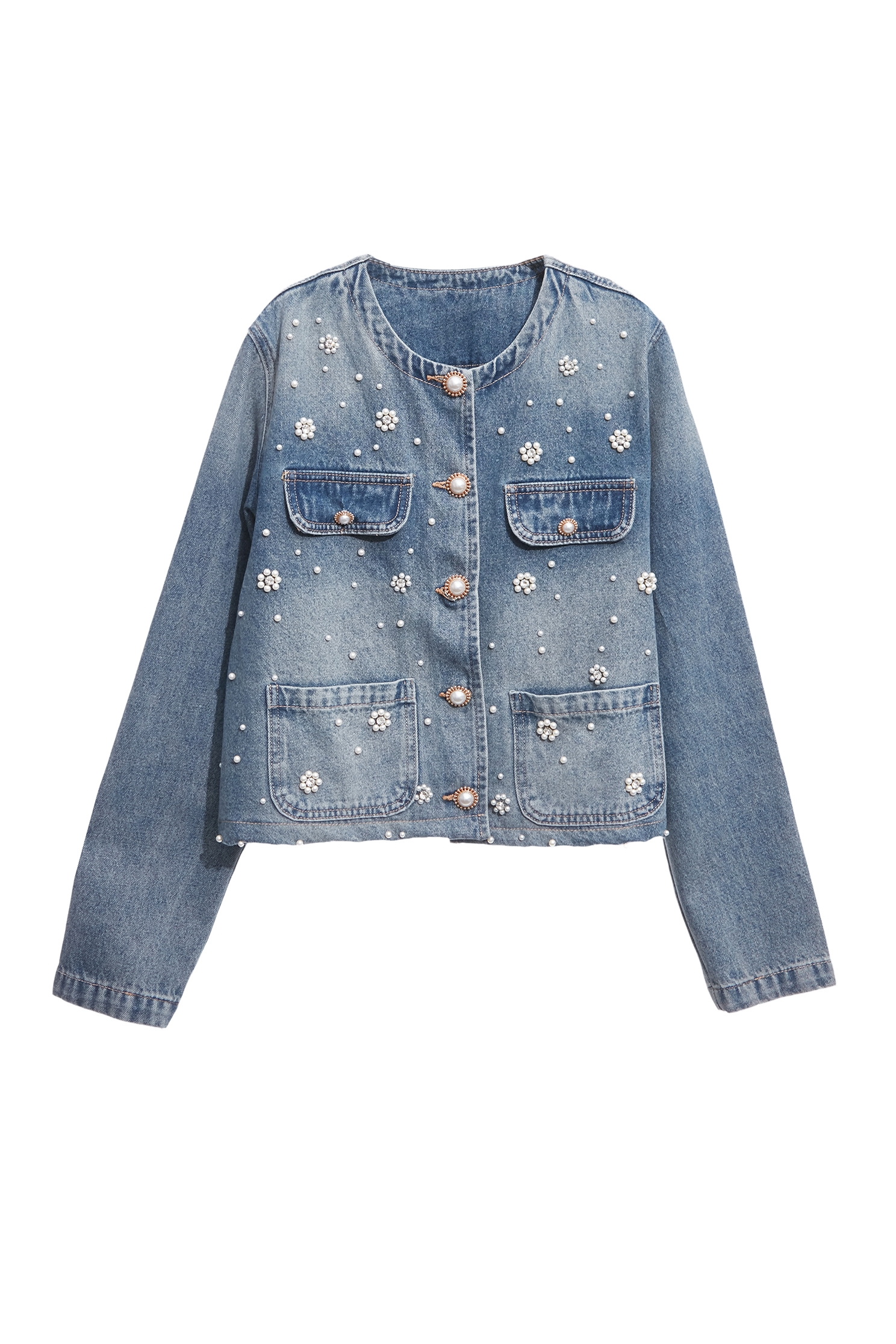 Pearl Floral Detail Denim JacketPearl Floral Detail Denim Jacket,Office Looks,Denim,bestselling,Outerwear,co-ord sets,Denim,Denim Jackets,pearl,Season (AW) Look,Valentine,blossoms