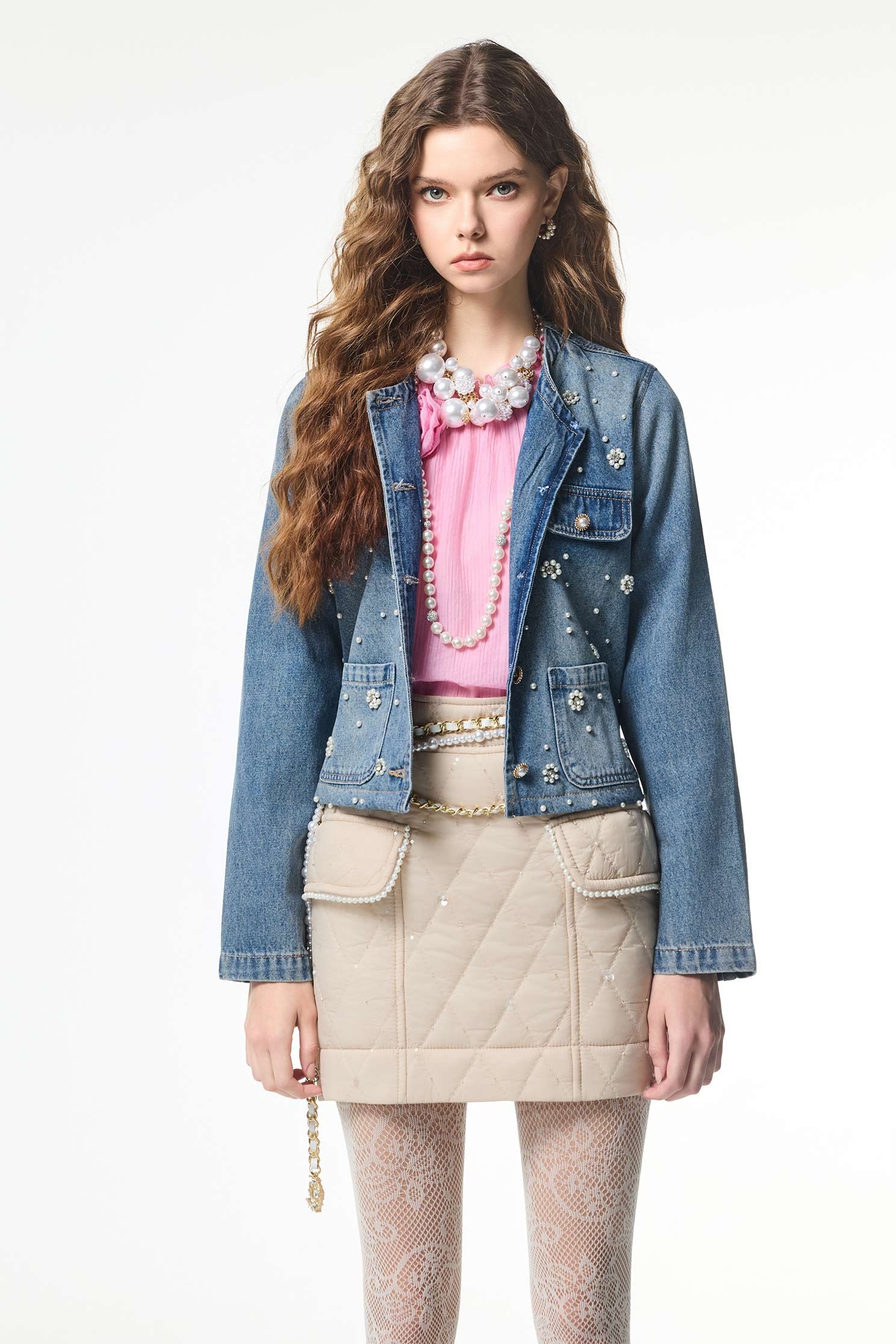 Pearl Floral Detail Denim JacketPearl Floral Detail Denim Jacket,Office Looks,Denim,bestselling,Outerwear,co-ord sets,Denim,Denim Jackets,pearl,Season (AW) Look,Valentine,blossoms