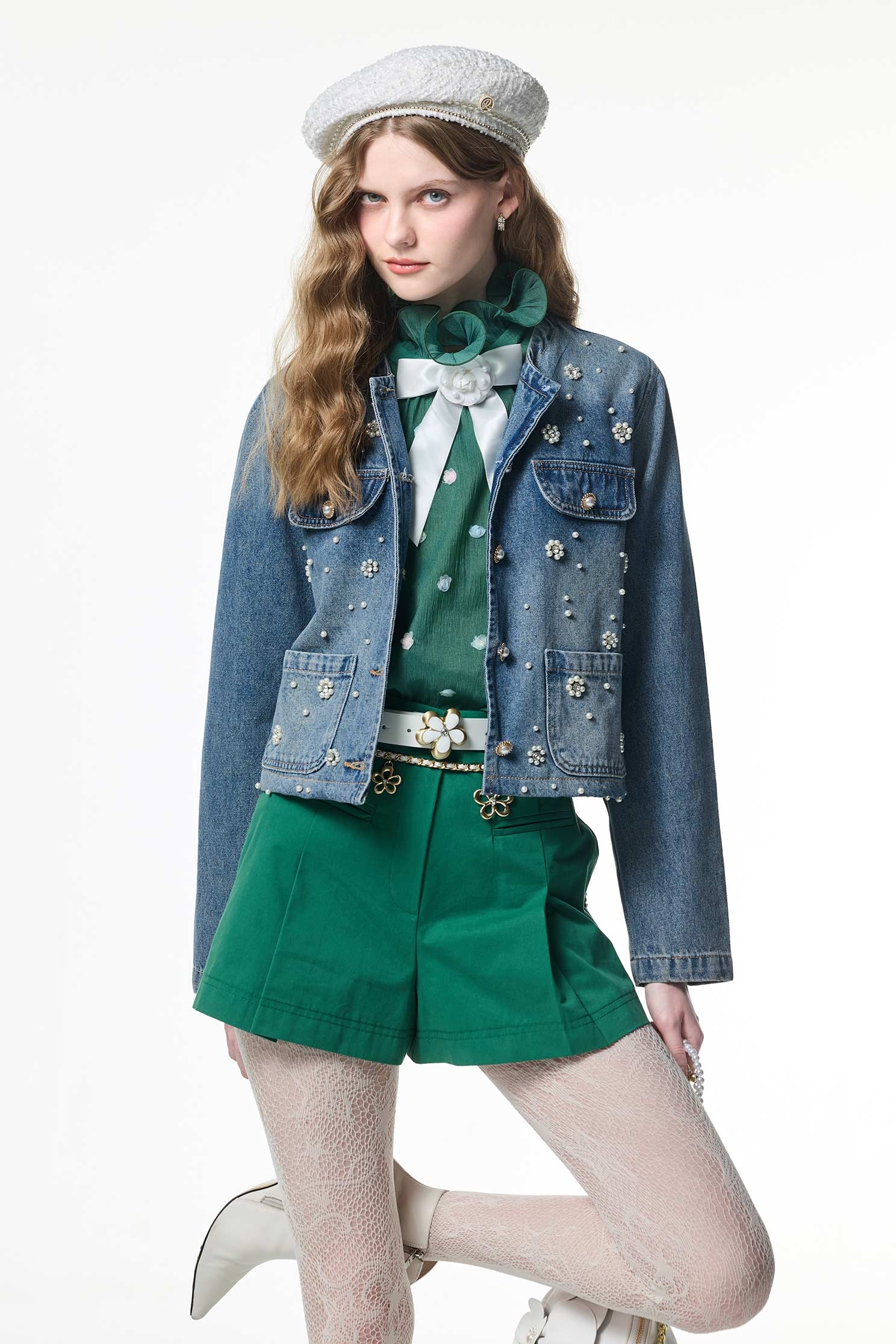 Pearl Floral Detail Denim JacketPearl Floral Detail Denim Jacket,Office Looks,Denim,bestselling,Outerwear,co-ord sets,Denim,Denim Jackets,pearl,Season (AW) Look,Valentine,blossoms