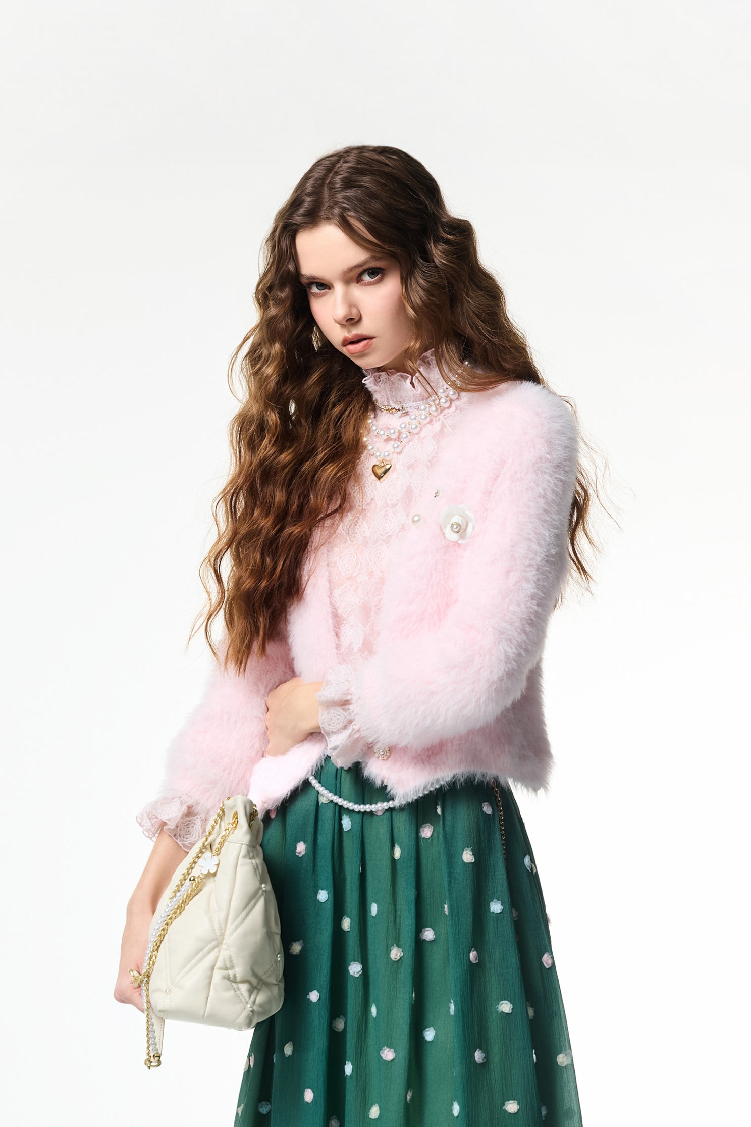 Fux Fur V-neck CardiganFux Fur V-neck Cardigan,Office Looks,Outerwear,pearl,Season (AW) Look,Valentine,blossoms,Knitted,Knitted coats