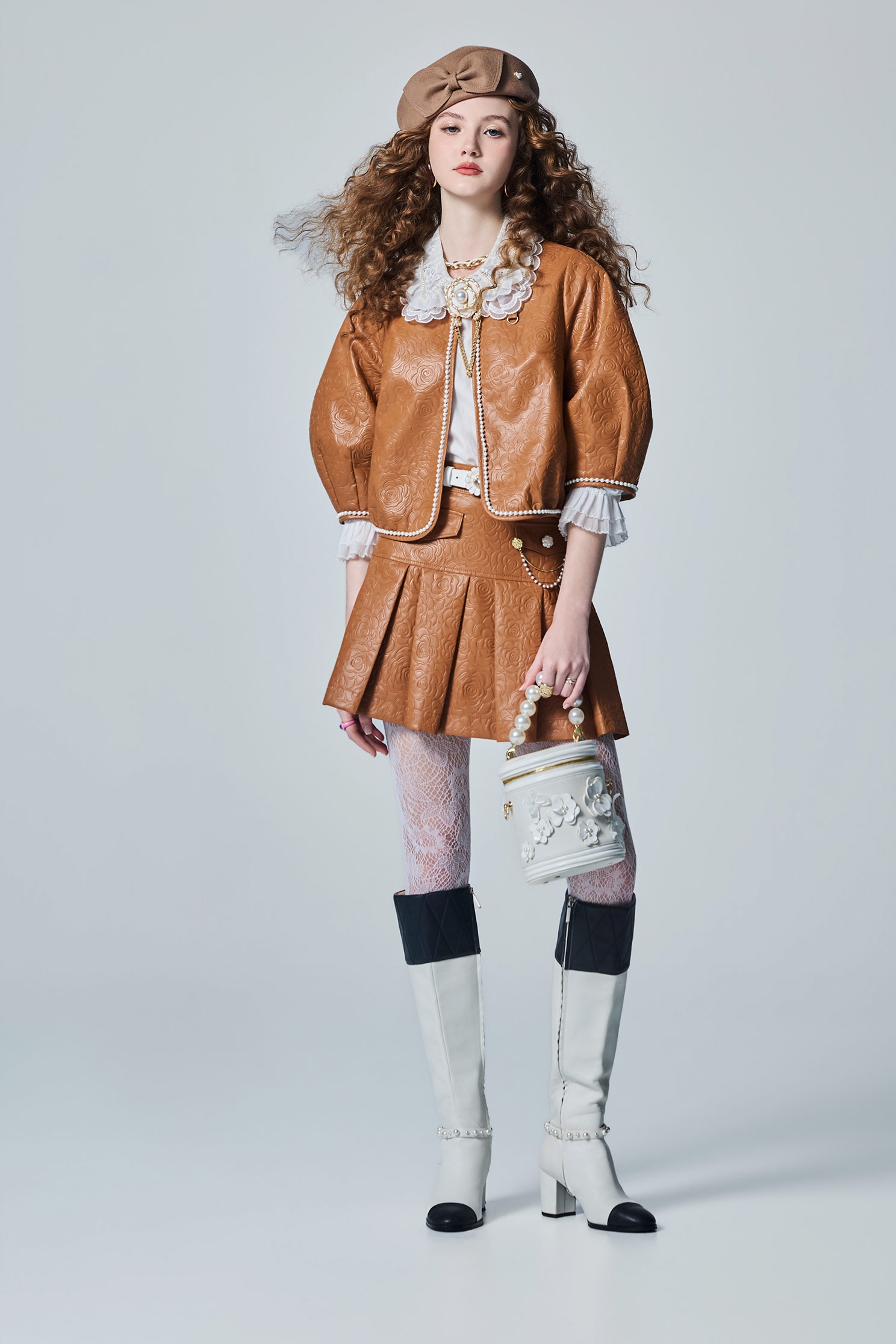 PU Caramel Floral Print Crop JacketPU Caramel Floral Print Crop Jacket,Jackets,Outerwear,pearl,Leather,Season (AW) Look