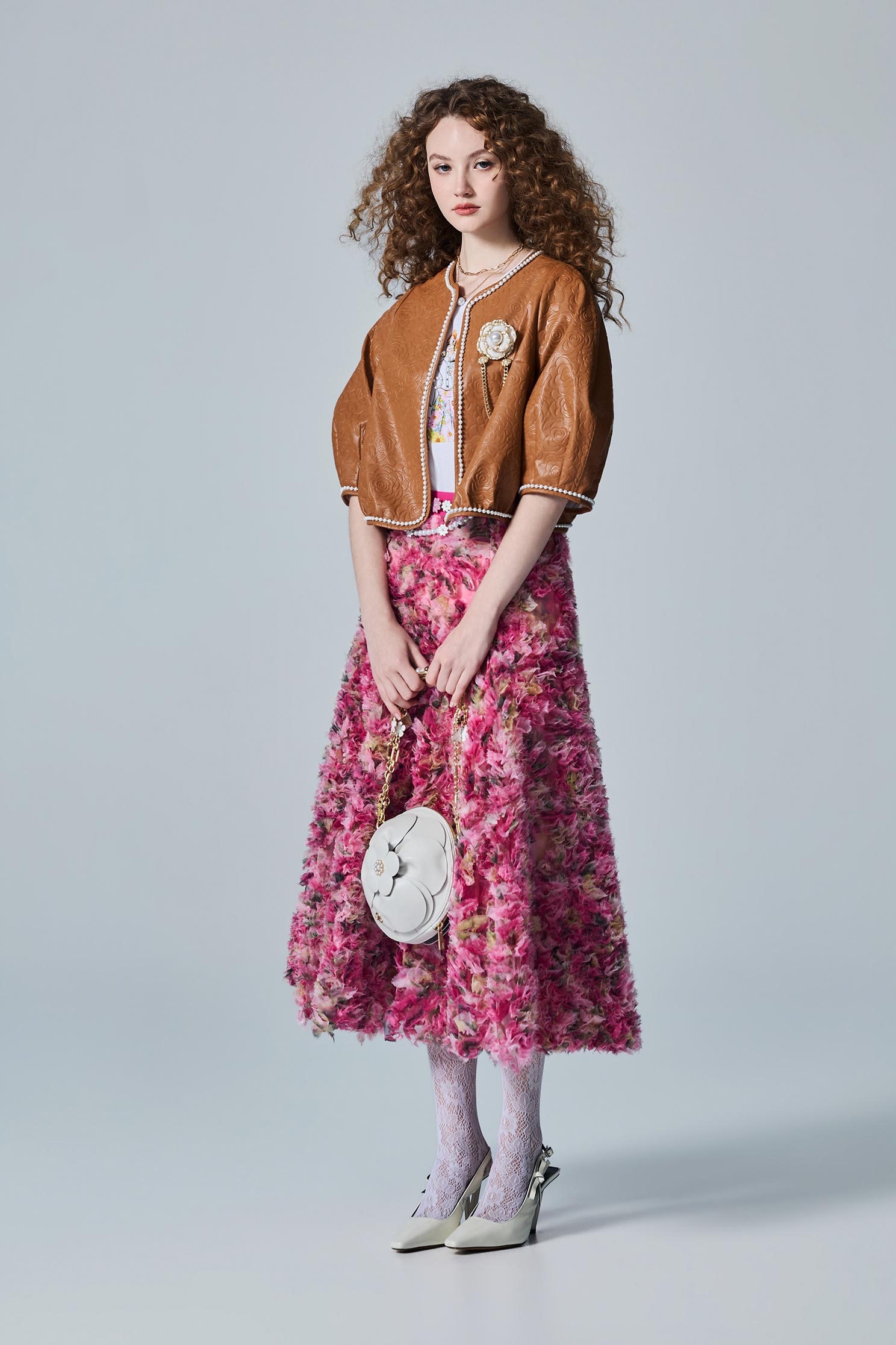 PU Caramel Floral Print Crop JacketPU Caramel Floral Print Crop Jacket,Jackets,Outerwear,pearl,Leather,Season (AW) Look