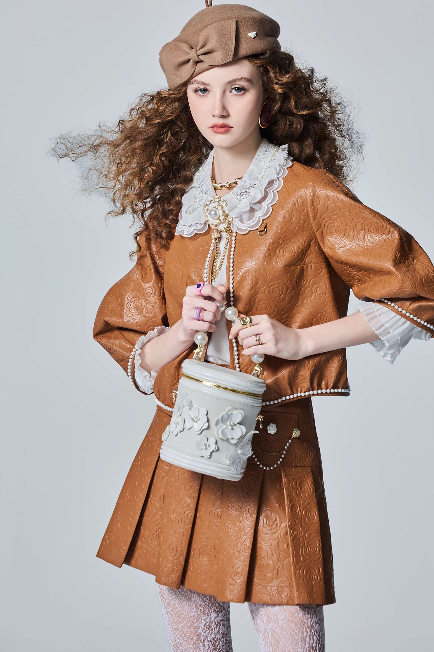 PU Caramel Floral Print Crop JacketPU Caramel Floral Print Crop Jacket,Jackets,Outerwear,pearl,Leather,Season (AW) Look