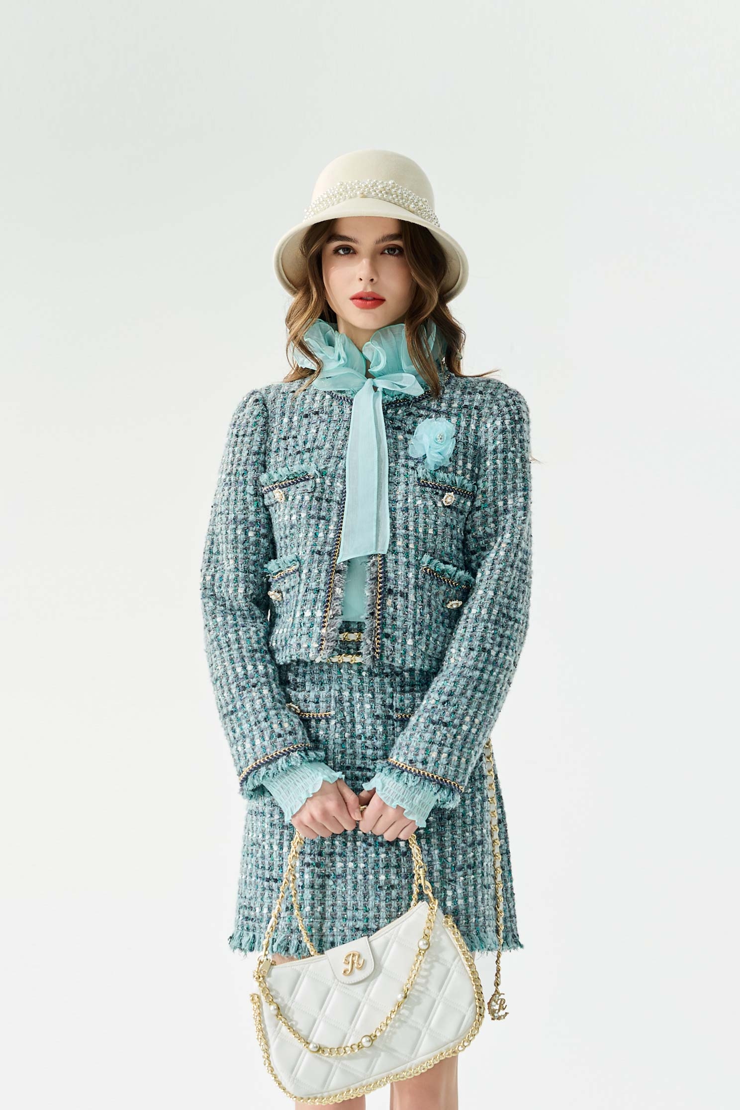 Powder Blue Tweed JacketAquamarine Blue Tweed Jacket,Jackets,Outerwear,Season (AW) Look
