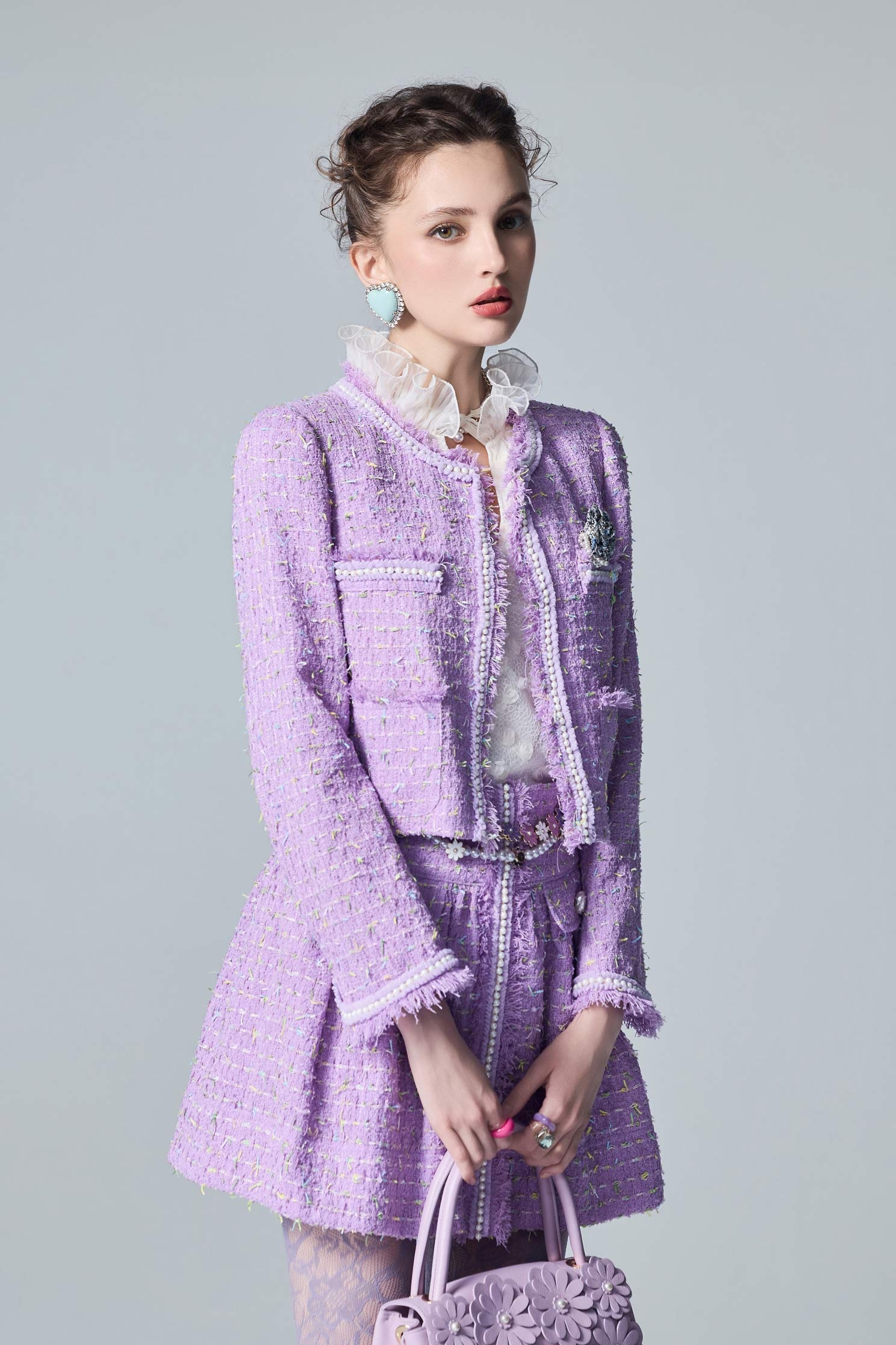 Pearl Detail Purple Tweed JacketPearl Detail Purple Tweed Jacket,Jackets,Outerwear,pearl,Season (AW) Look,Knitted coats