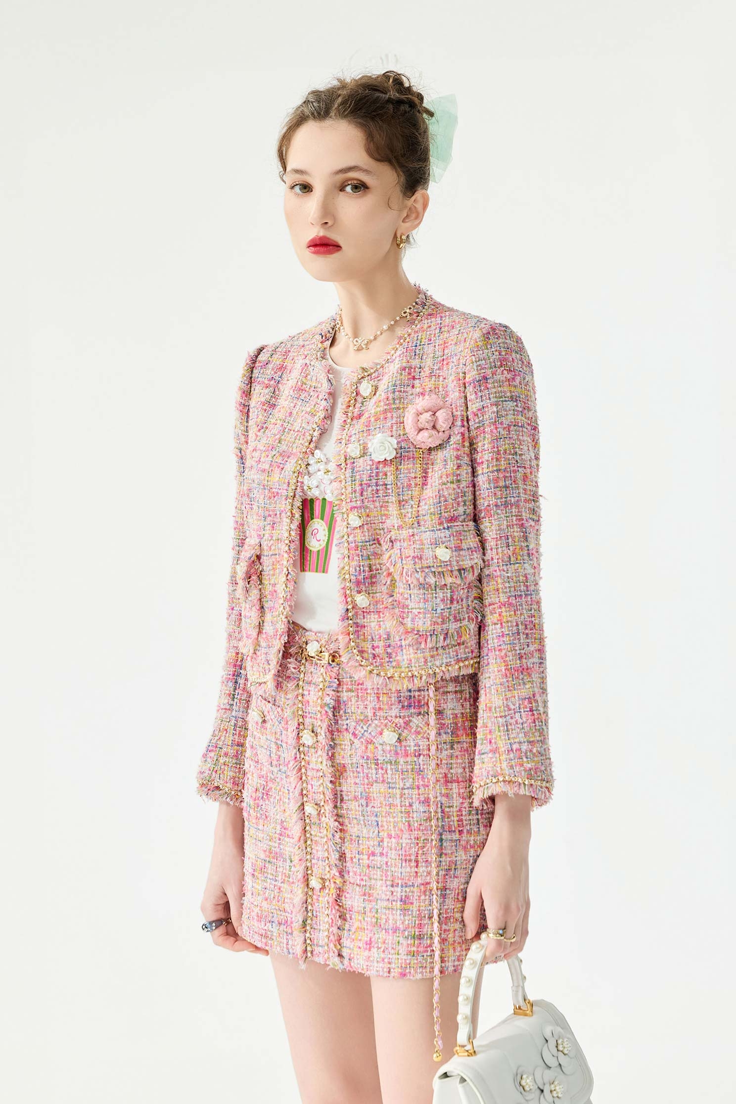 Floral Chain belt Tweed SkirtFloral Chain belt Tweed Skirt,Season (SS) Look,Mini skirts