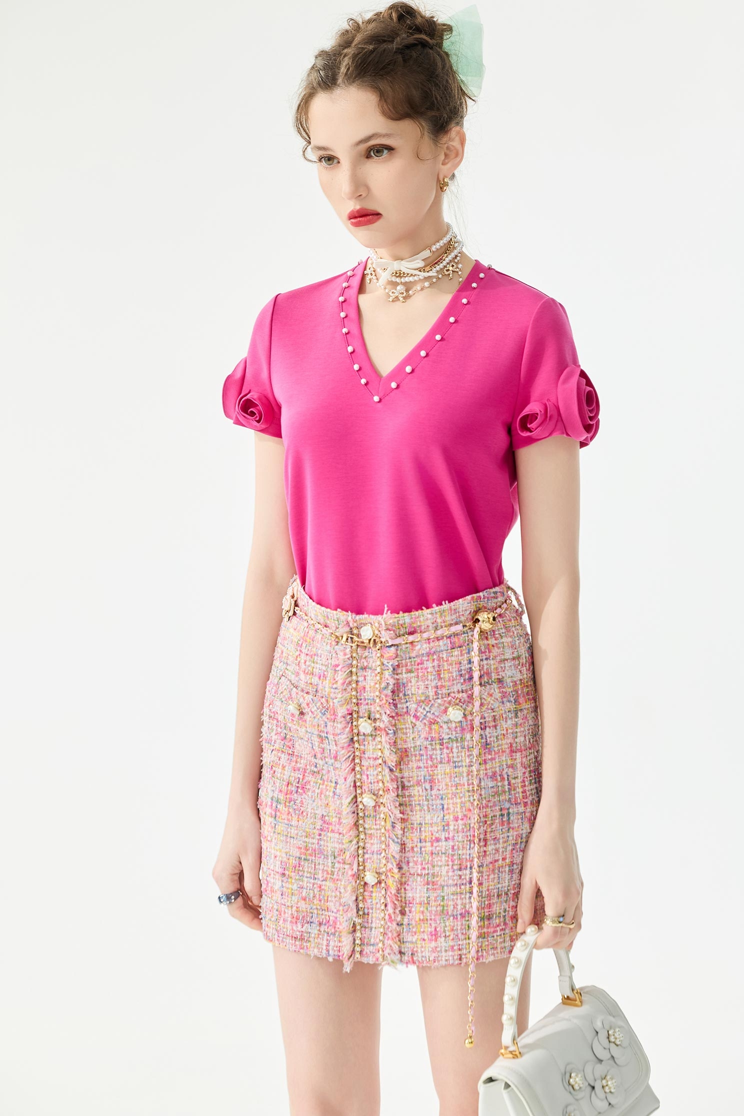 Floral Chain belt Tweed SkirtFloral Chain belt Tweed Skirt,Season (SS) Look,Mini skirts