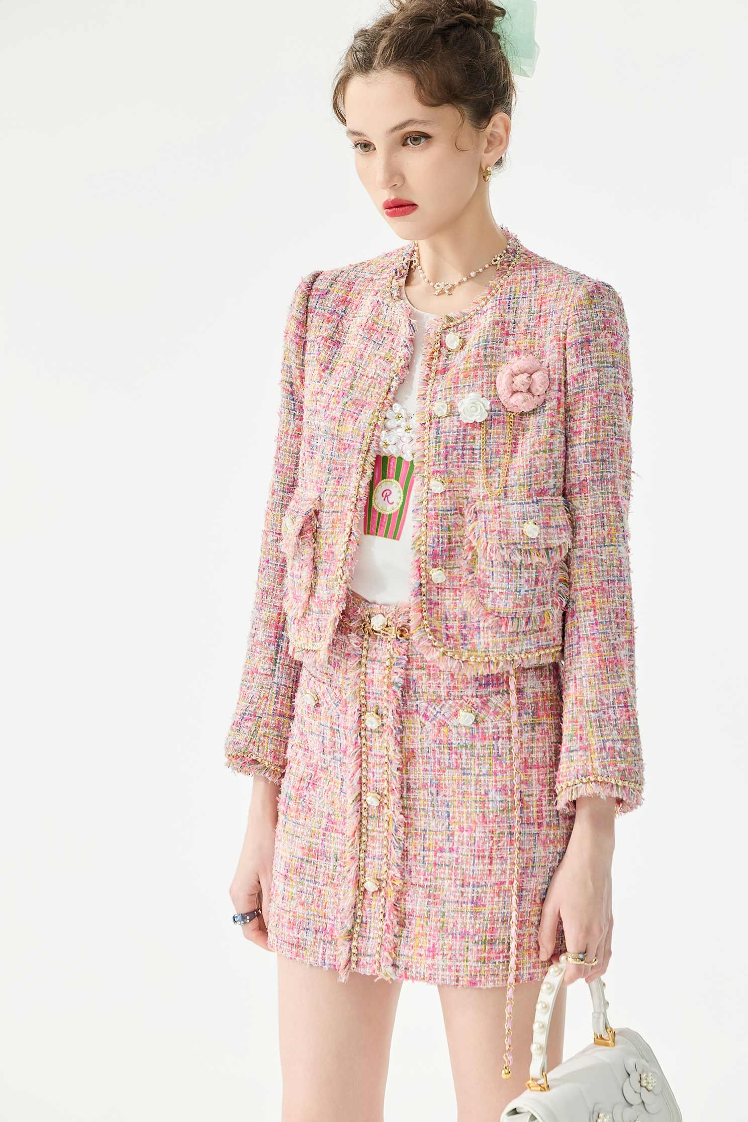 Floral Chain belt Tweed SkirtFloral Chain belt Tweed Skirt,Season (SS) Look,Mini skirts