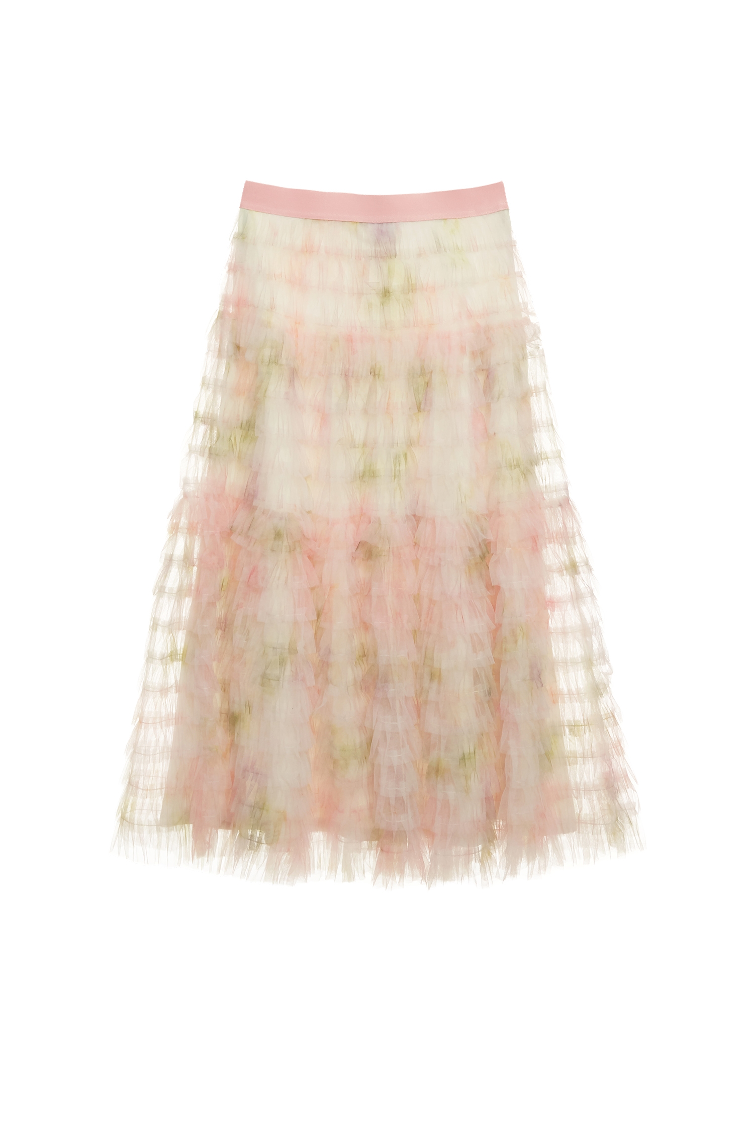 Ruffle Detail Gradient Pastel Mesh SkirtRuffle Detail Gradient Pastel Mesh Skirt,Season (SS) Look,Mesh fabric,Midi skirts
