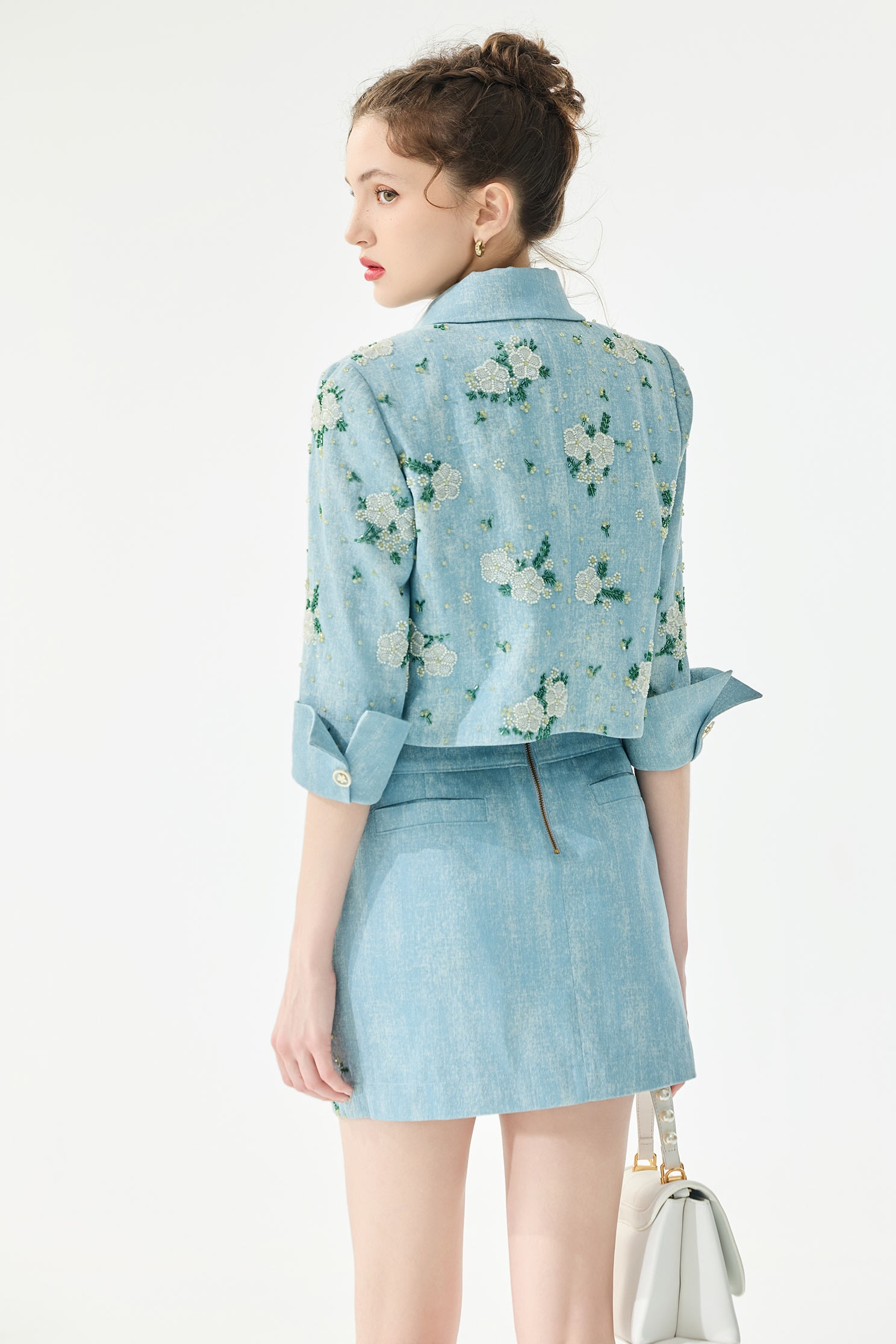 Beaded Floral Detail Denim SkirtBeaded Floral Detail Denim Skirt,Season (SS) Look,Pencil skirts