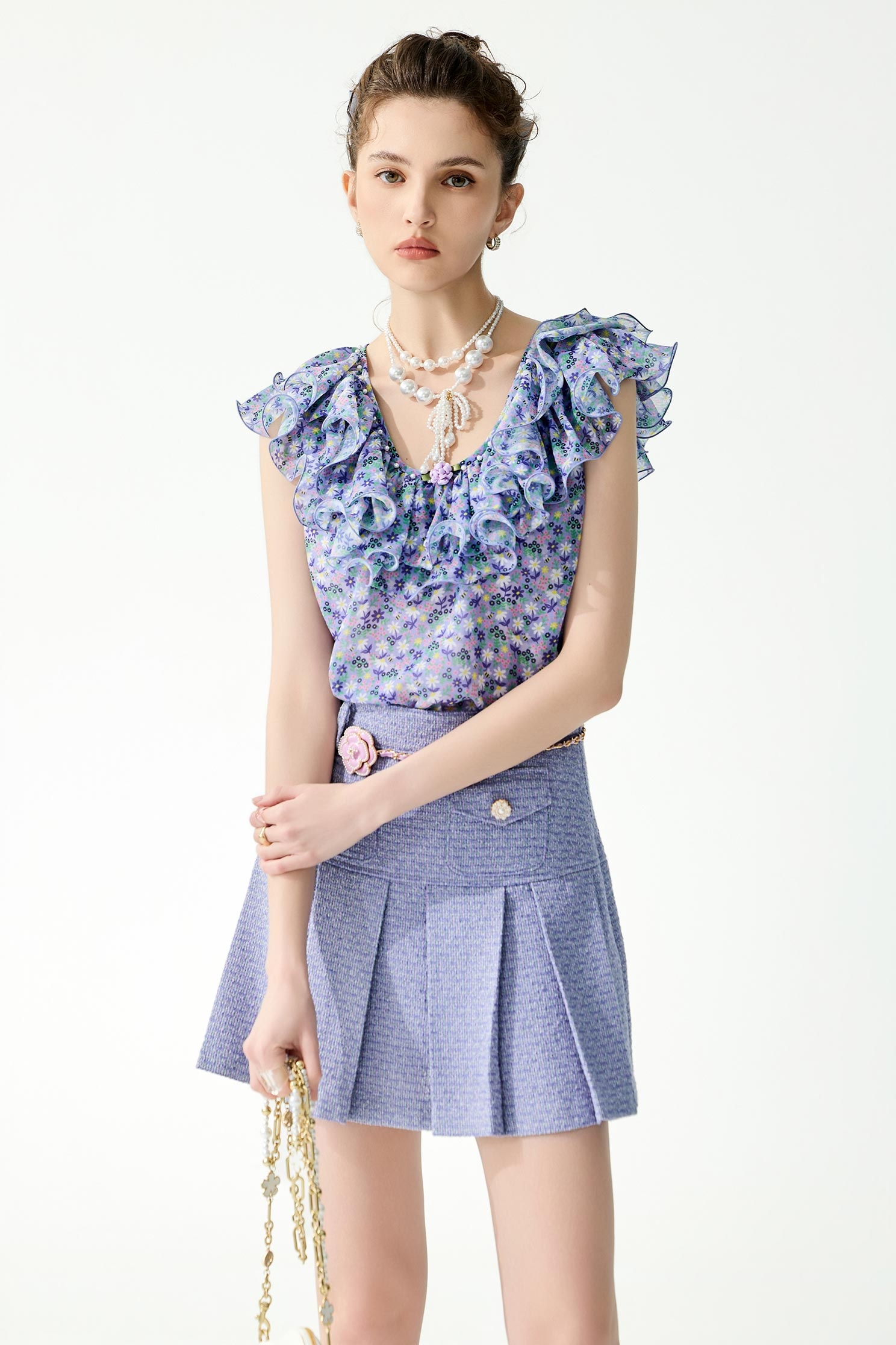 Purple Pleated Tweed SkirtPurple Pleated Tweed Skirt,Season (SS) Look,Mini skirts