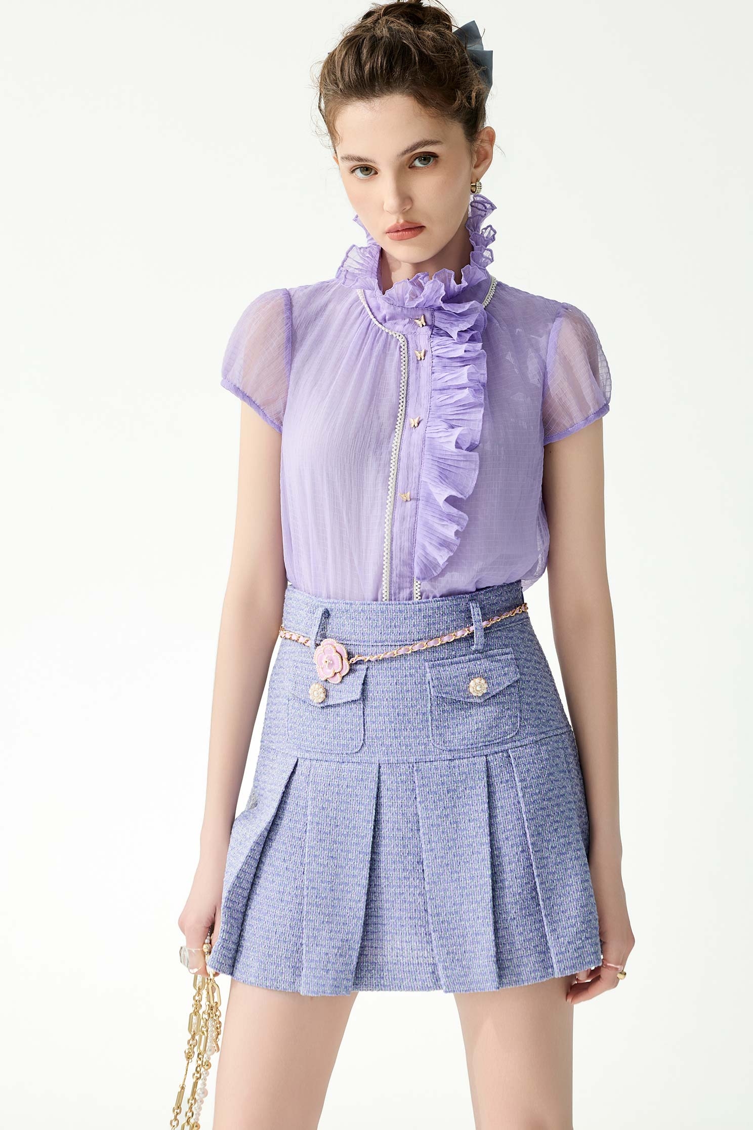 Purple Pleated Tweed SkirtPurple Pleated Tweed Skirt,Season (SS) Look,Mini skirts