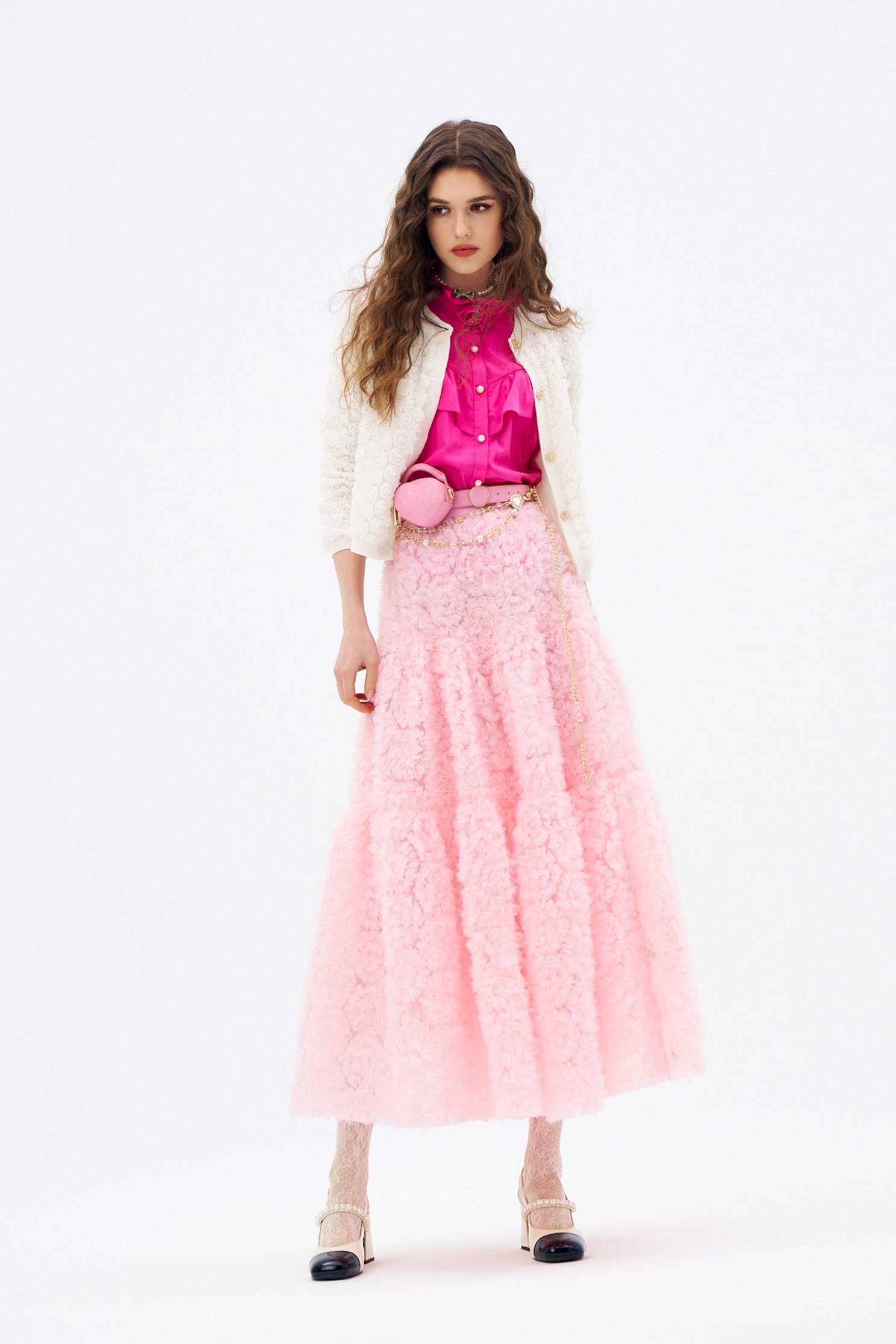 3-D Mesh Rose Detail Pink Skirt3-D Mesh Rose Detail Pink Skirt,Season (AW) Look,Midi skirts