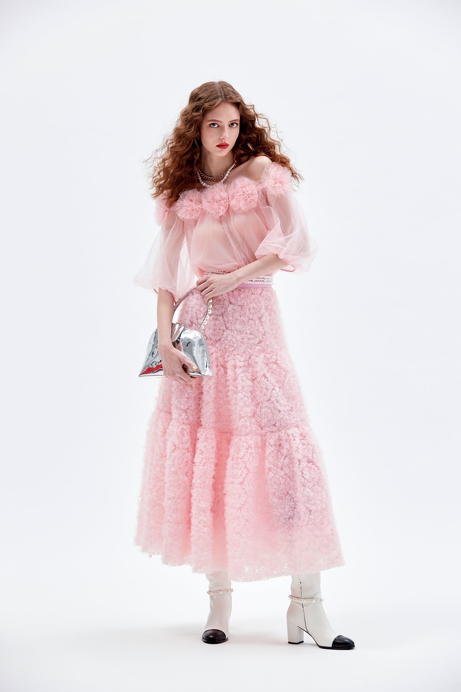 3-D Mesh Rose Detail Pink Skirt3-D Mesh Rose Detail Pink Skirt,Season (AW) Look,Midi skirts