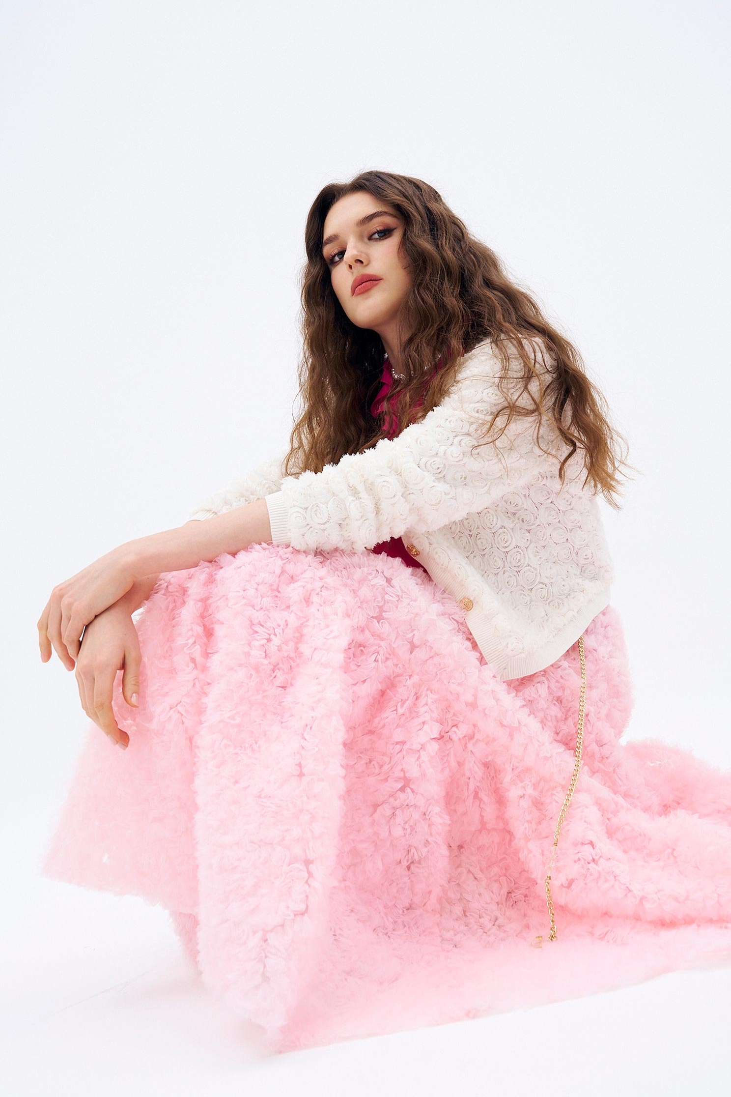 3-D Mesh Rose Detail Pink Skirt3-D Mesh Rose Detail Pink Skirt,Season (AW) Look,Midi skirts