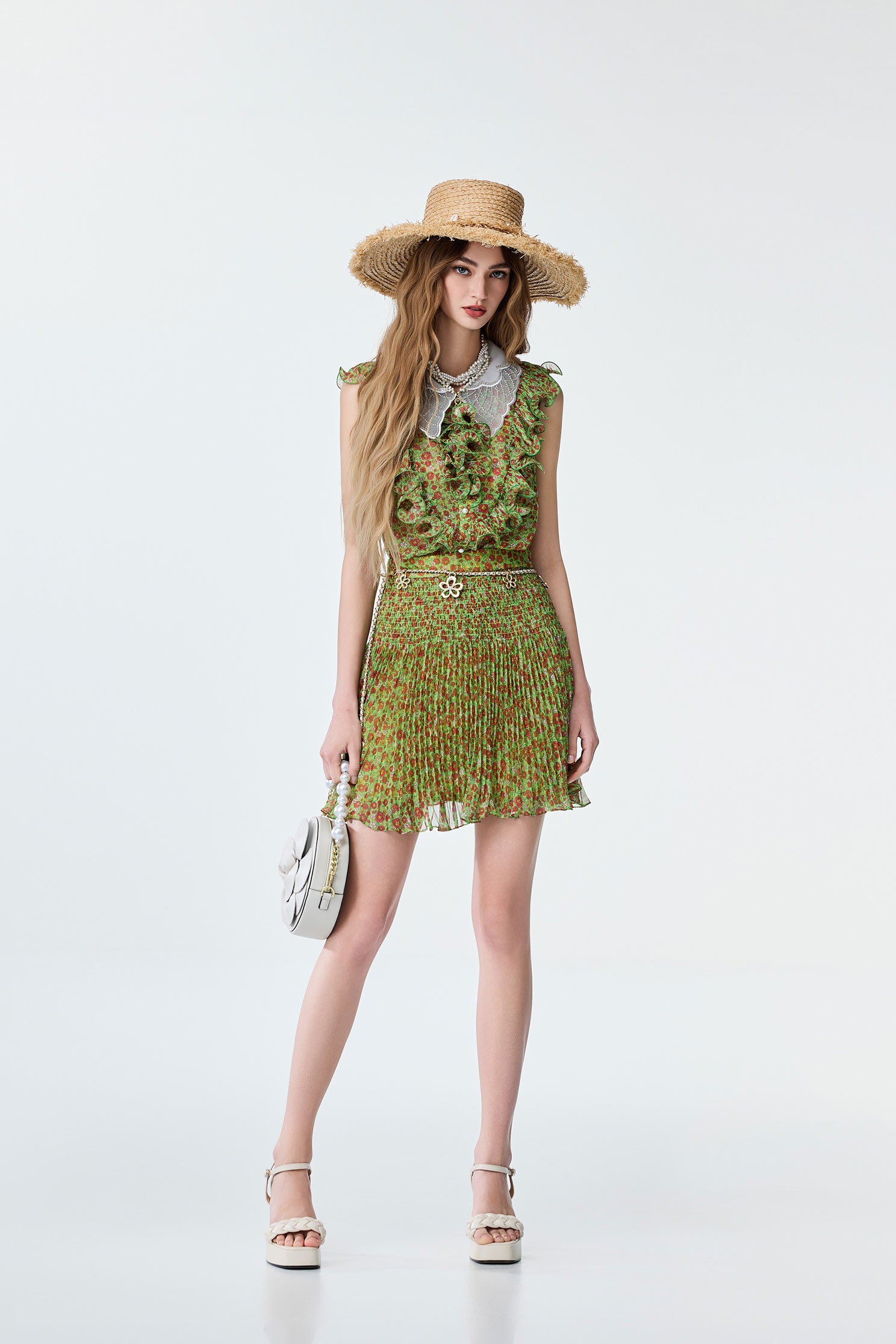 Pleated Detail Floral Print Chiffon Mini SkirtPleated Detail Floral Print Chiffon Mini Skirt,Season (SS) Look,City Feminine,Chiffon,Chiffon skirts