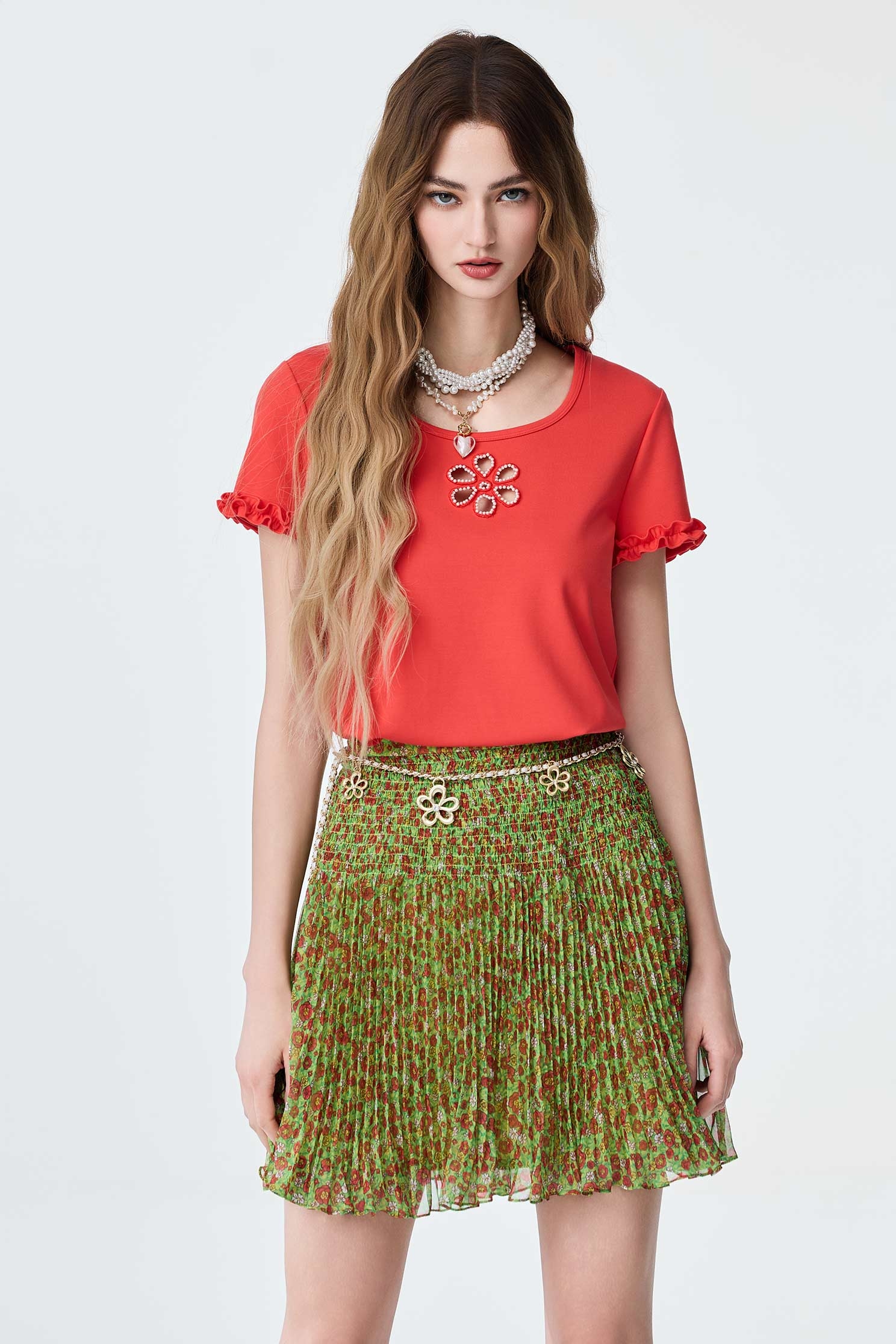 Pleated Detail Floral Print Chiffon Mini SkirtPleated Detail Floral Print Chiffon Mini Skirt,Season (SS) Look,City Feminine,Chiffon,Chiffon skirts