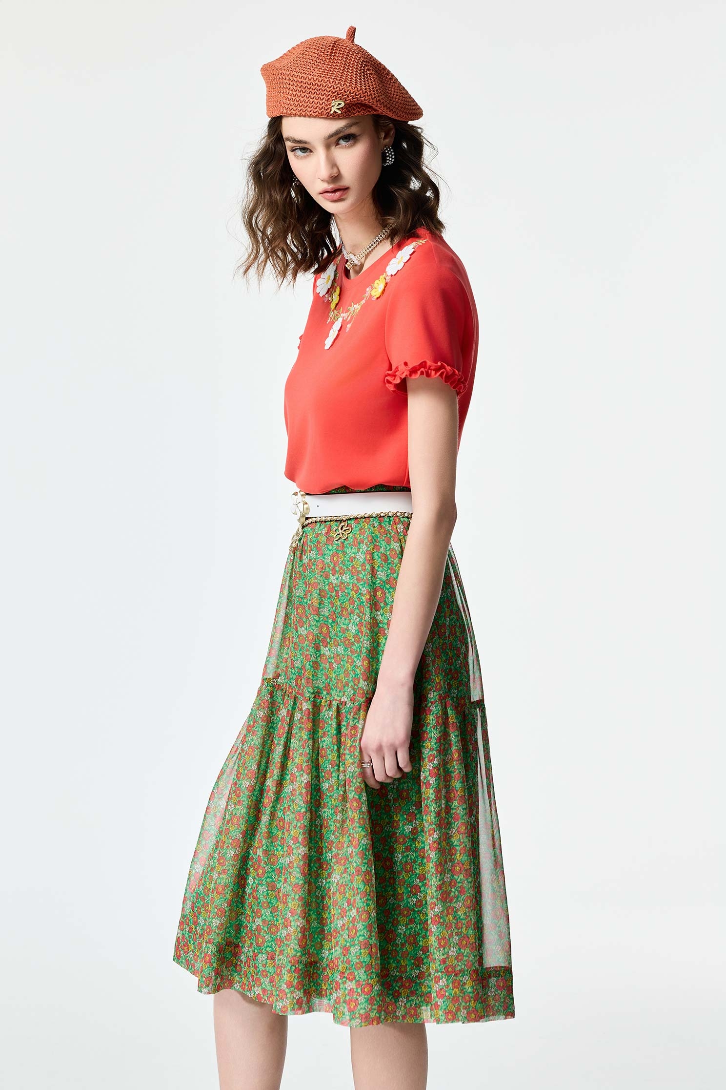 Floral Print Chiffon Midi SkirtFloral Print Chiffon Midi Skirt,Season (SS) Look,City Feminine,Chiffon,Chiffon skirts