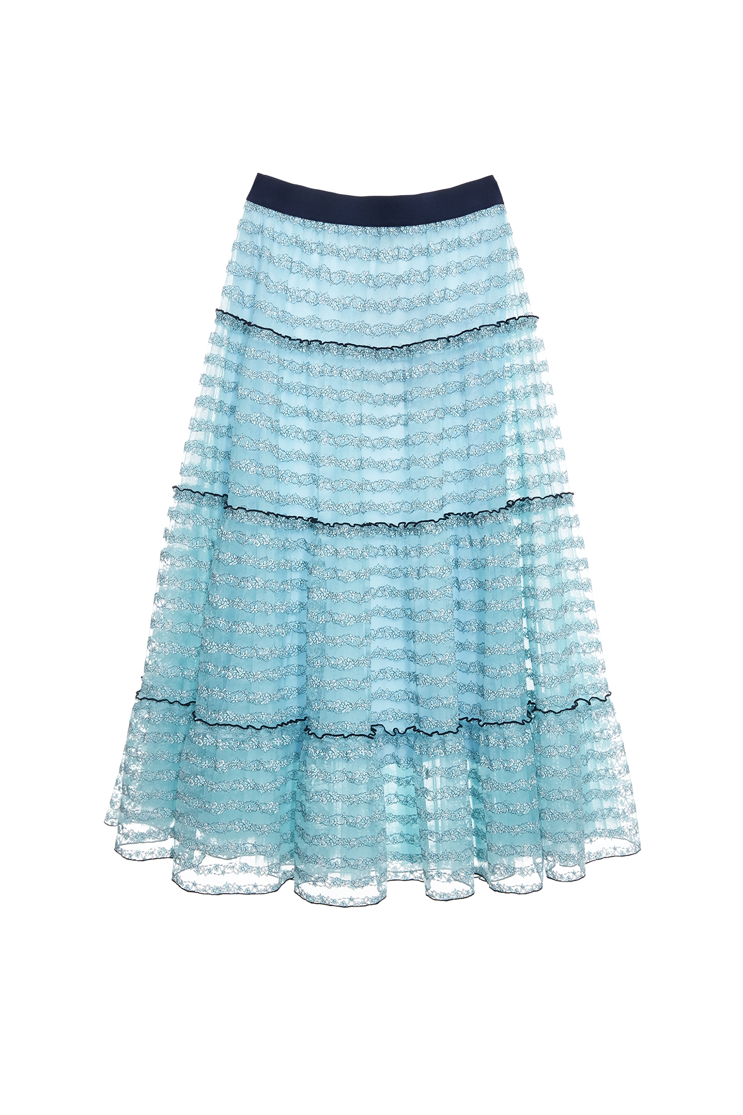 Ice Blue Floral Lace Detail Mesh Skirt,Season (SS) Look,Lace,Midi skirts