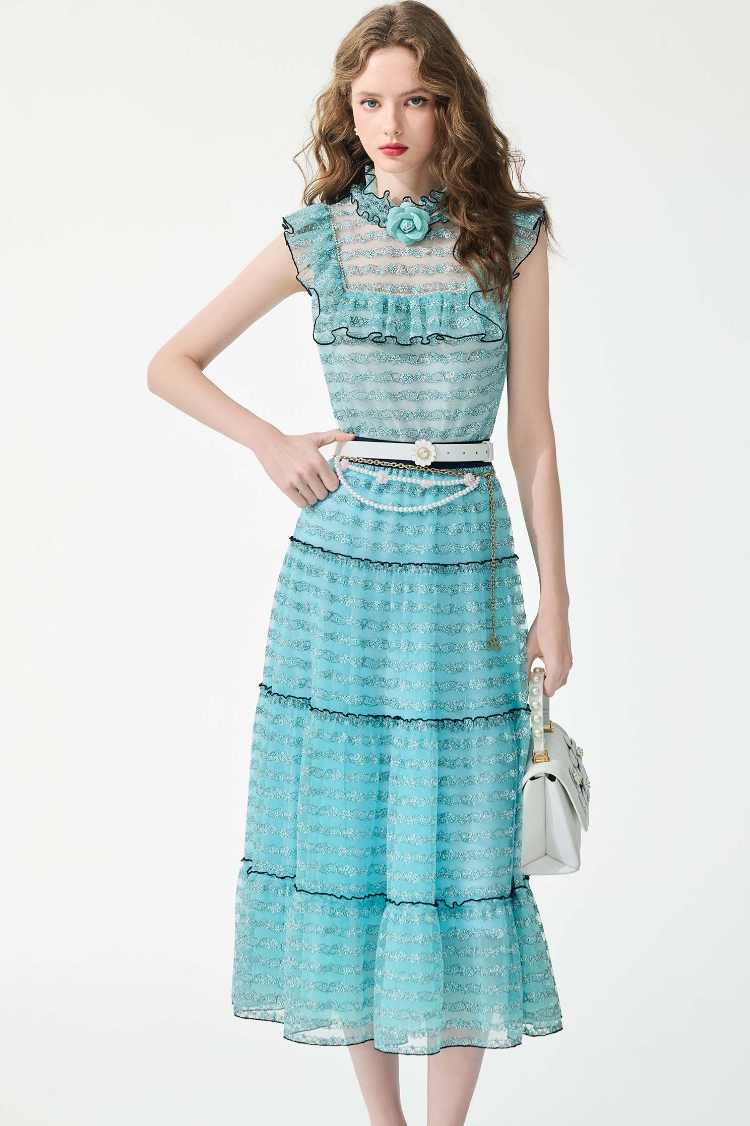 Ice Blue Floral Lace Detail Mesh Skirt,Season (SS) Look,Lace,Midi skirts