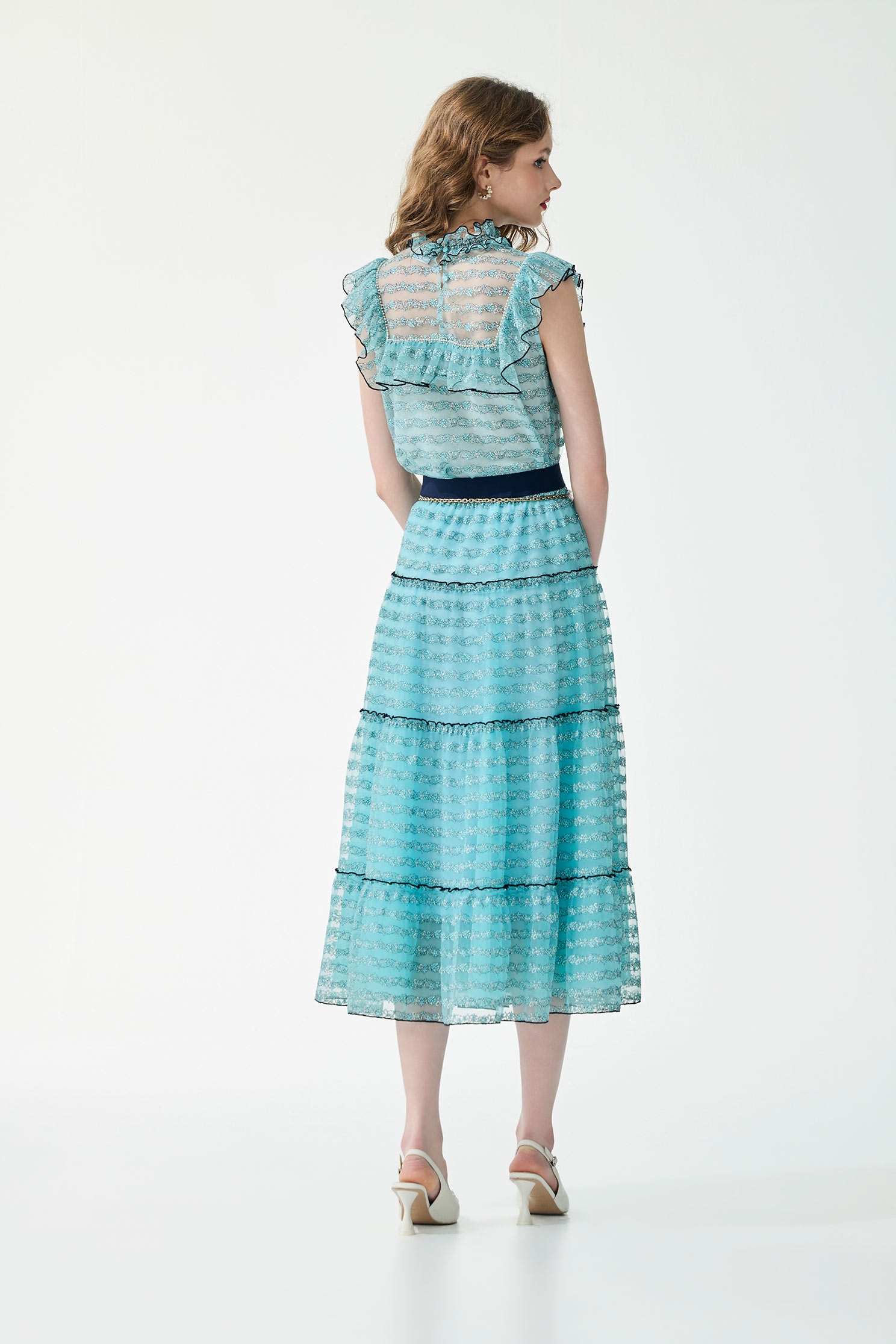 Ice Blue Floral Lace Detail Mesh Skirt,Season (SS) Look,Lace,Midi skirts