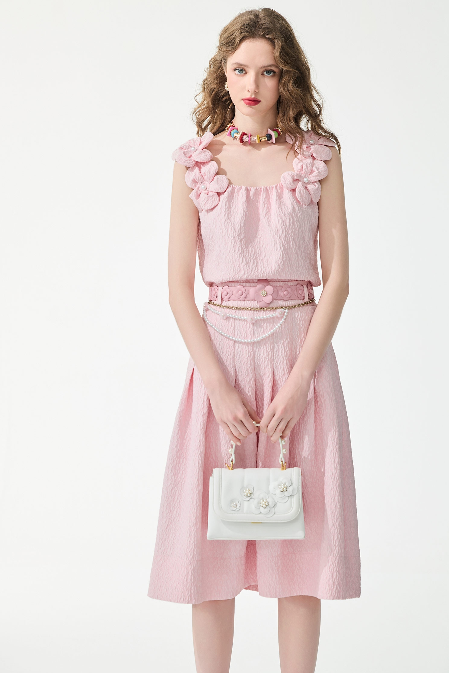 Textured Pink Bow Detail Midi Skirt,bestselling,Season (SS) Look,pearl,bows,Midi skirts