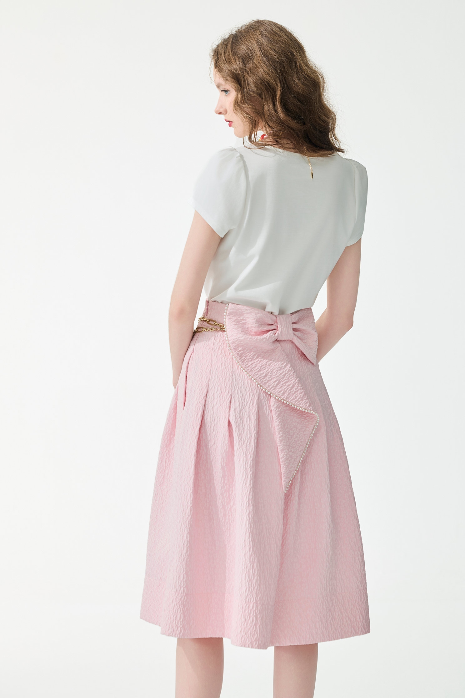 Textured Pink Bow Detail Midi Skirt,bestselling,Season (SS) Look,pearl,bows,Midi skirts