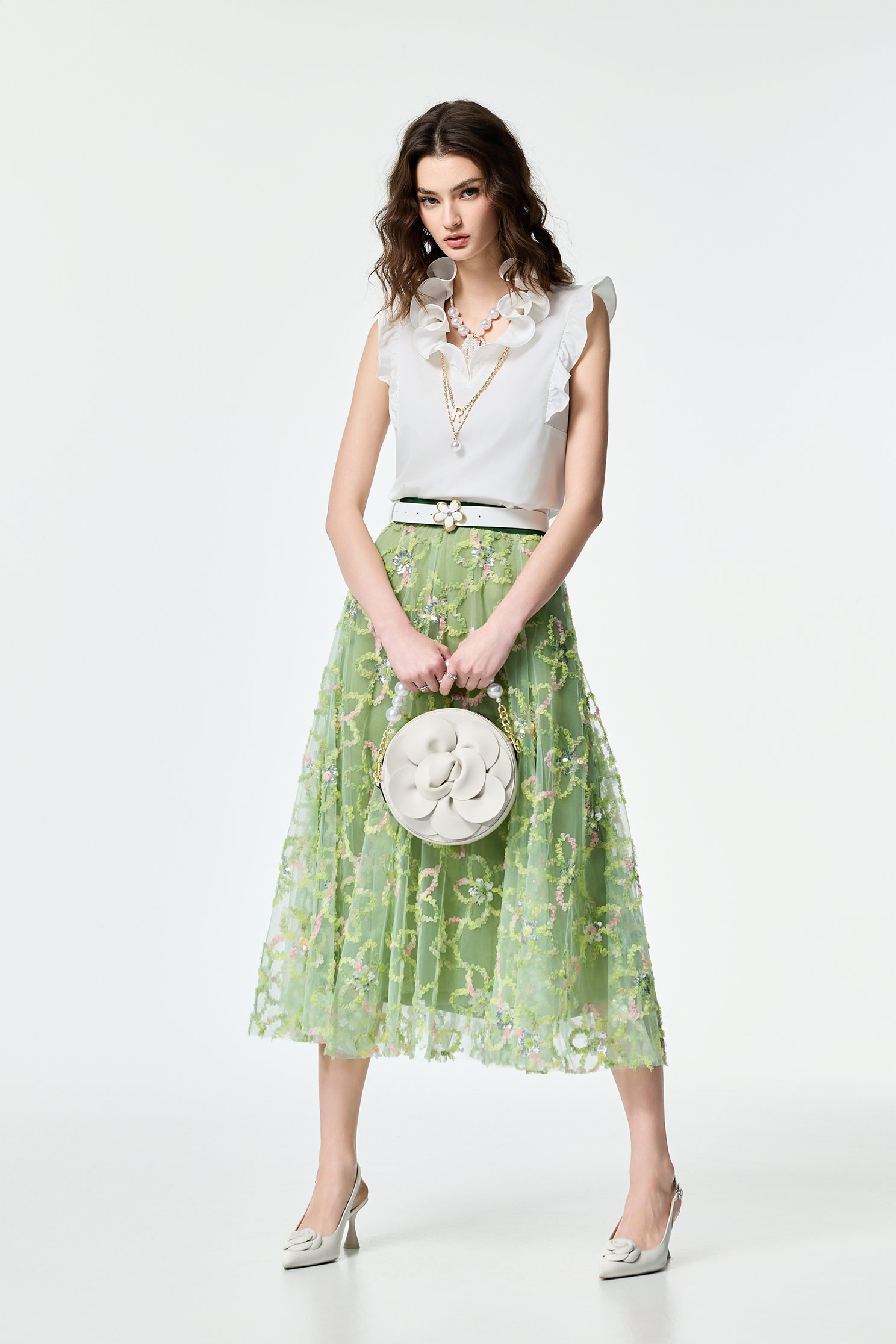 Multi Colour Emobossed Floral Detail Maxi SkirtMulti Colour Emobossed Floral Detail Maxi Skirt,Season (AW) Look,Mesh fabric,Midi skirts