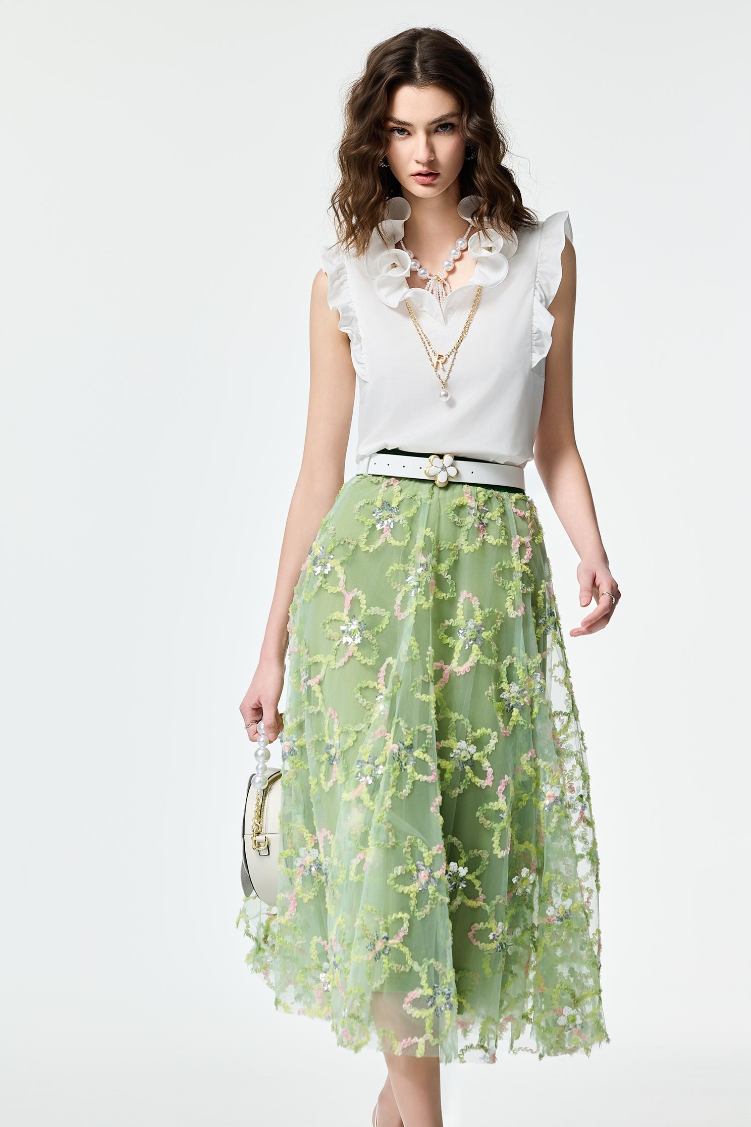 Multi Colour Emobossed Floral Detail Maxi SkirtMulti Colour Emobossed Floral Detail Maxi Skirt,Season (AW) Look,Mesh fabric,Midi skirts